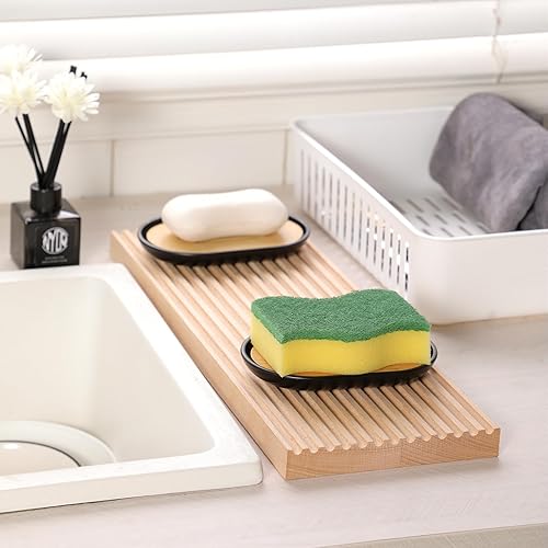 Miniatura 5 de Jabonera para ducha, juego de 2 salvadores de jabón de bambú para baño, soporte de jabón en barra con autodrenaje para baño, soporte de jabón para