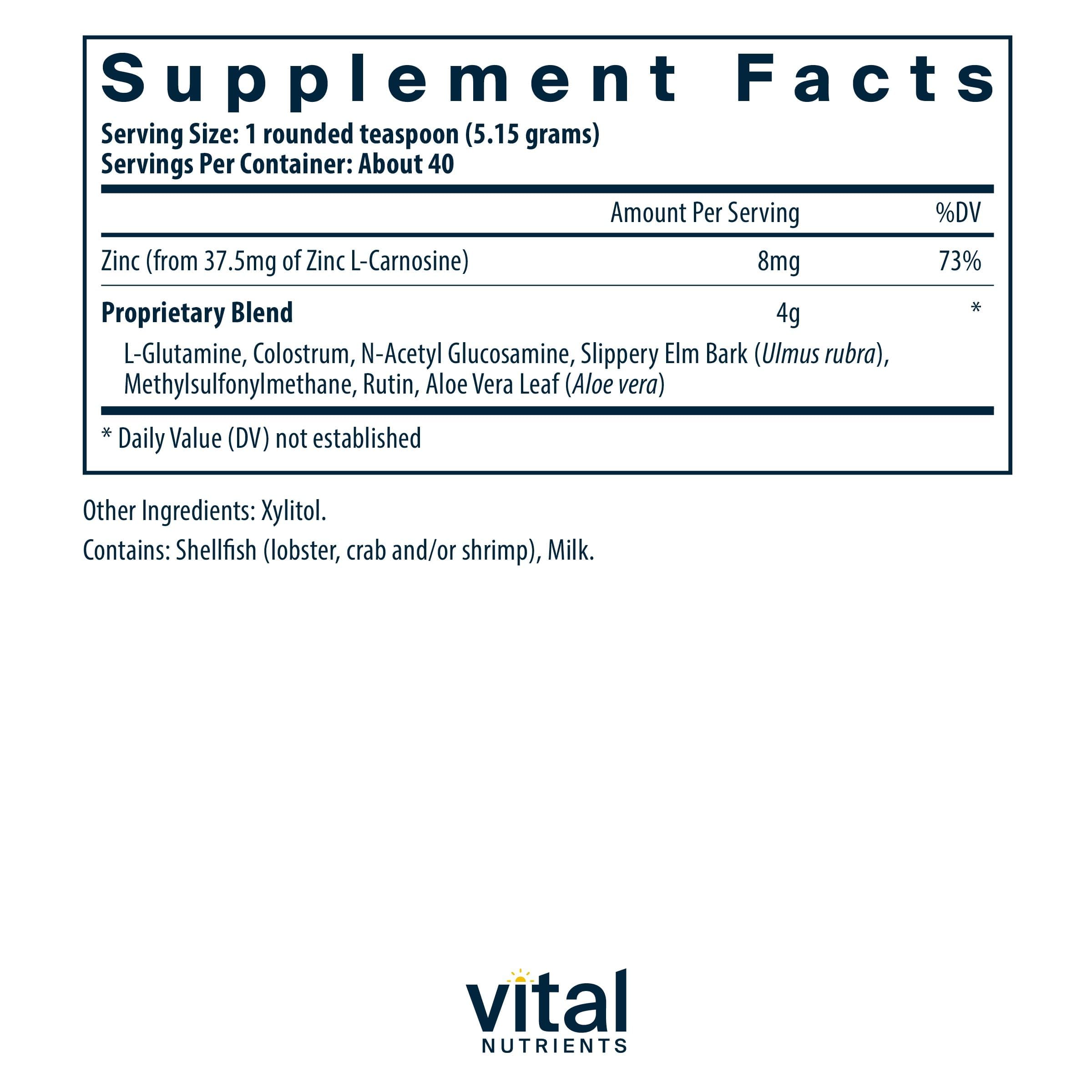 Vital Nutrients GI Repair Powder | Leaky Gut Powder with L Glutamine and Zinc | Digestive Enzyme Supplement to Support Gut Health and Digestion | Gluten Free | 40 Servings