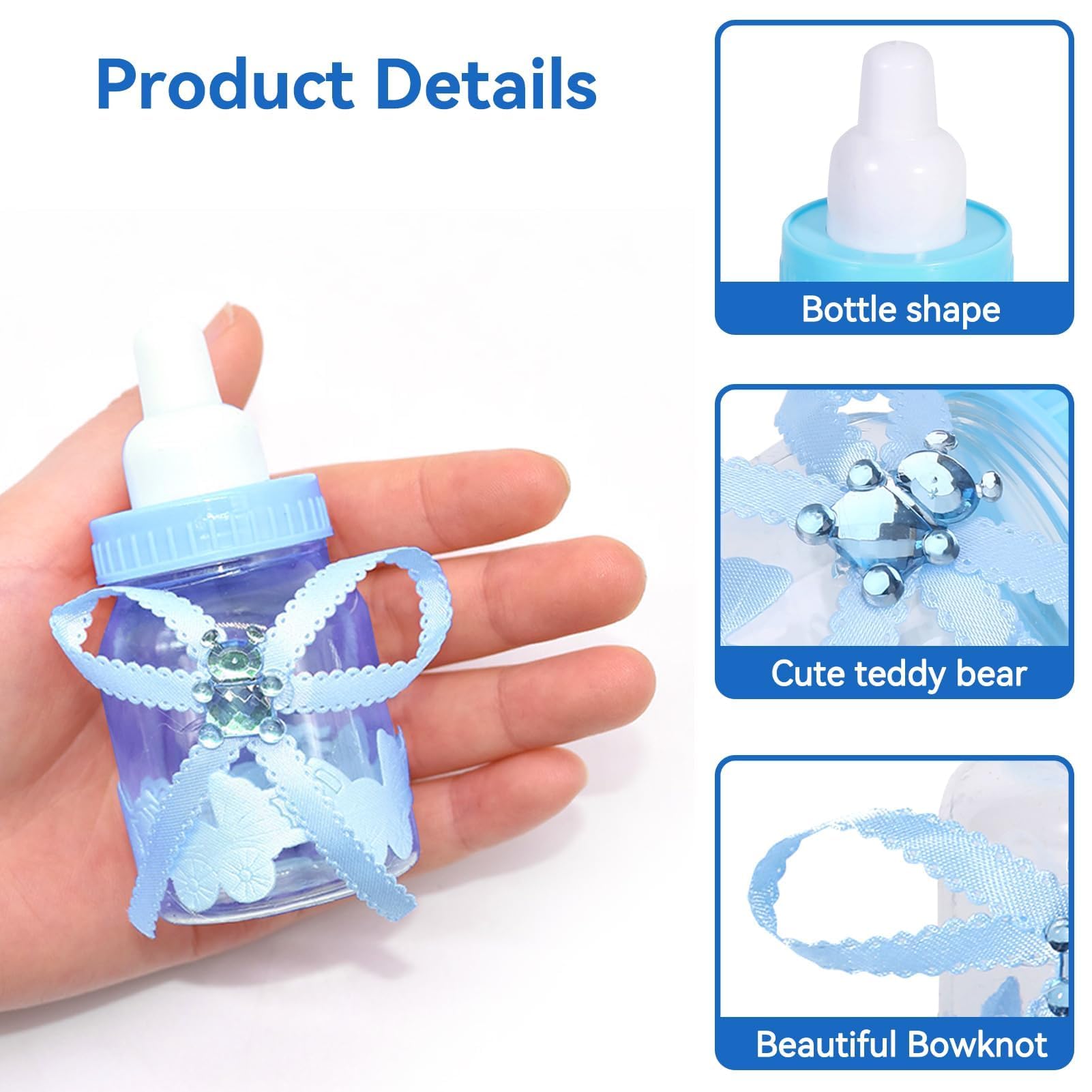 50 Pezzi doccia bambino Mini Biberon, Piccola bottiglia di plastica dell'orso della caramella con il nastro per il decoro della festa del battesimo del neonato della ragazza del ragazzo, Blu