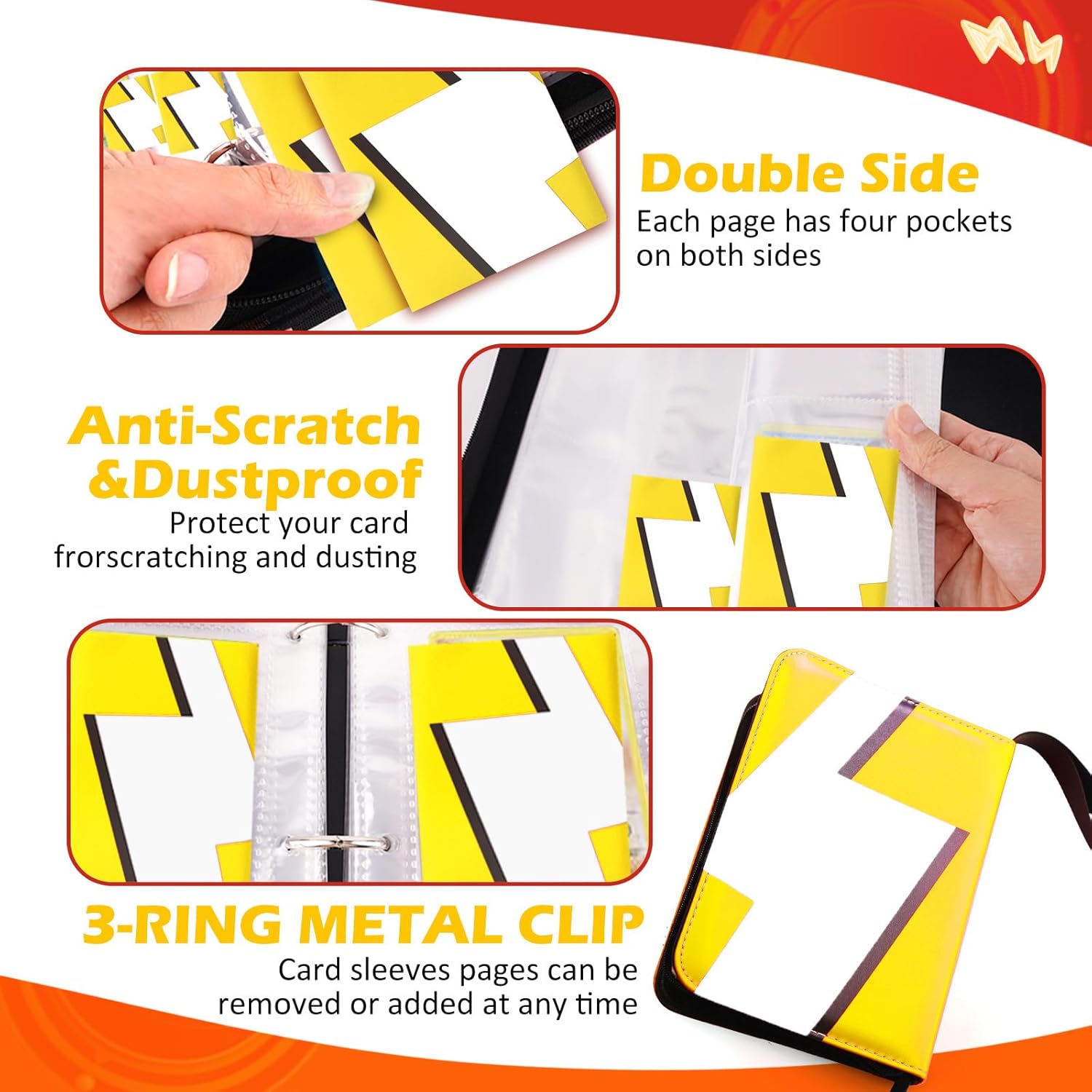 Card Binder 4 Pocket Trading Game Collection Album with 50 Removable Sleeves, Premium PU Holder Zipper, Trading Card Book Holder for Game Cards, Sports Cards, Baseball, Basketball, Football Cards