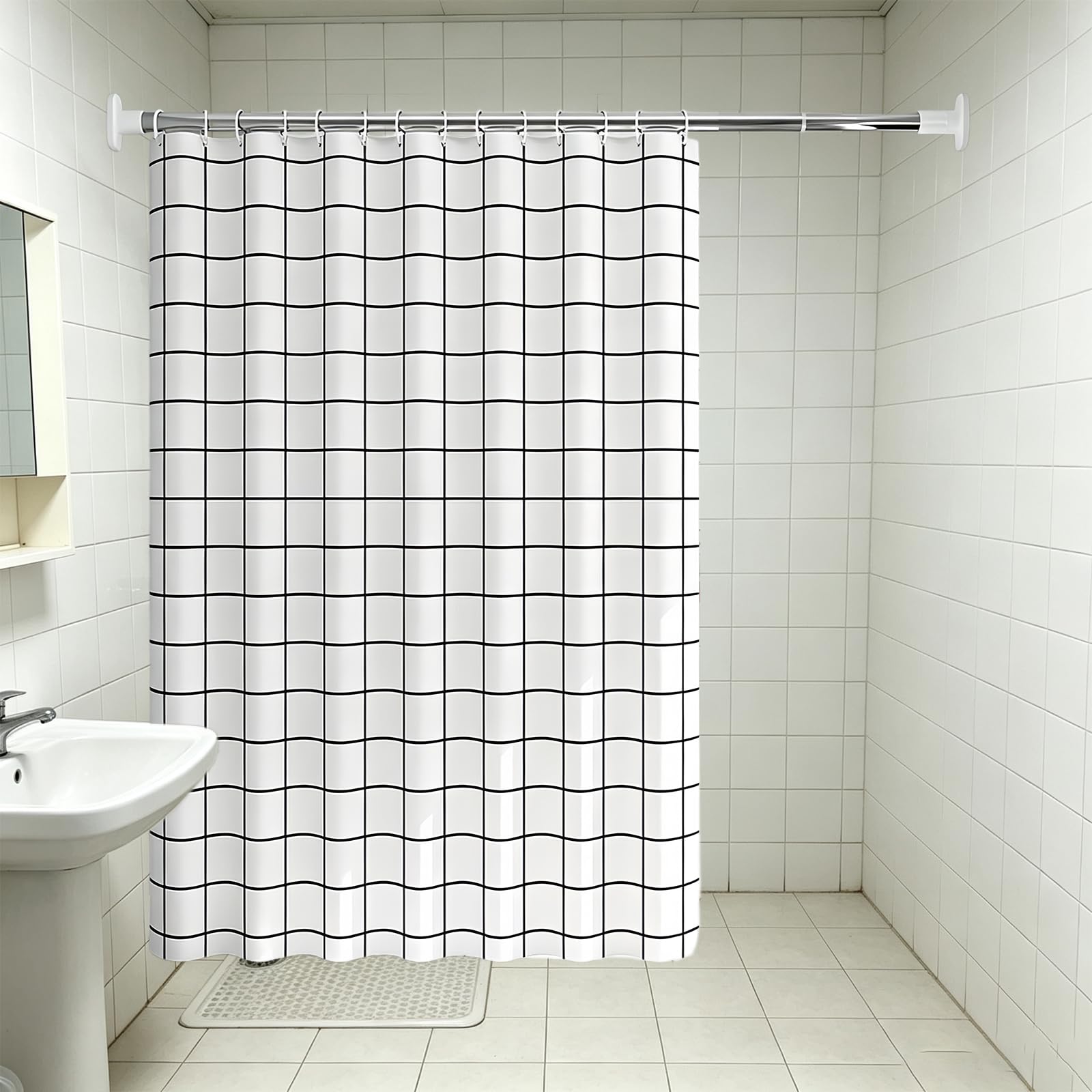 Rideau de Bain 170 x 250 cm Rideaux de Douche - Shower Curtain Petit Tissu Polyester, Anti Moisissure, Imperméable Lavable en Machine, avec 12 Crochets, carré