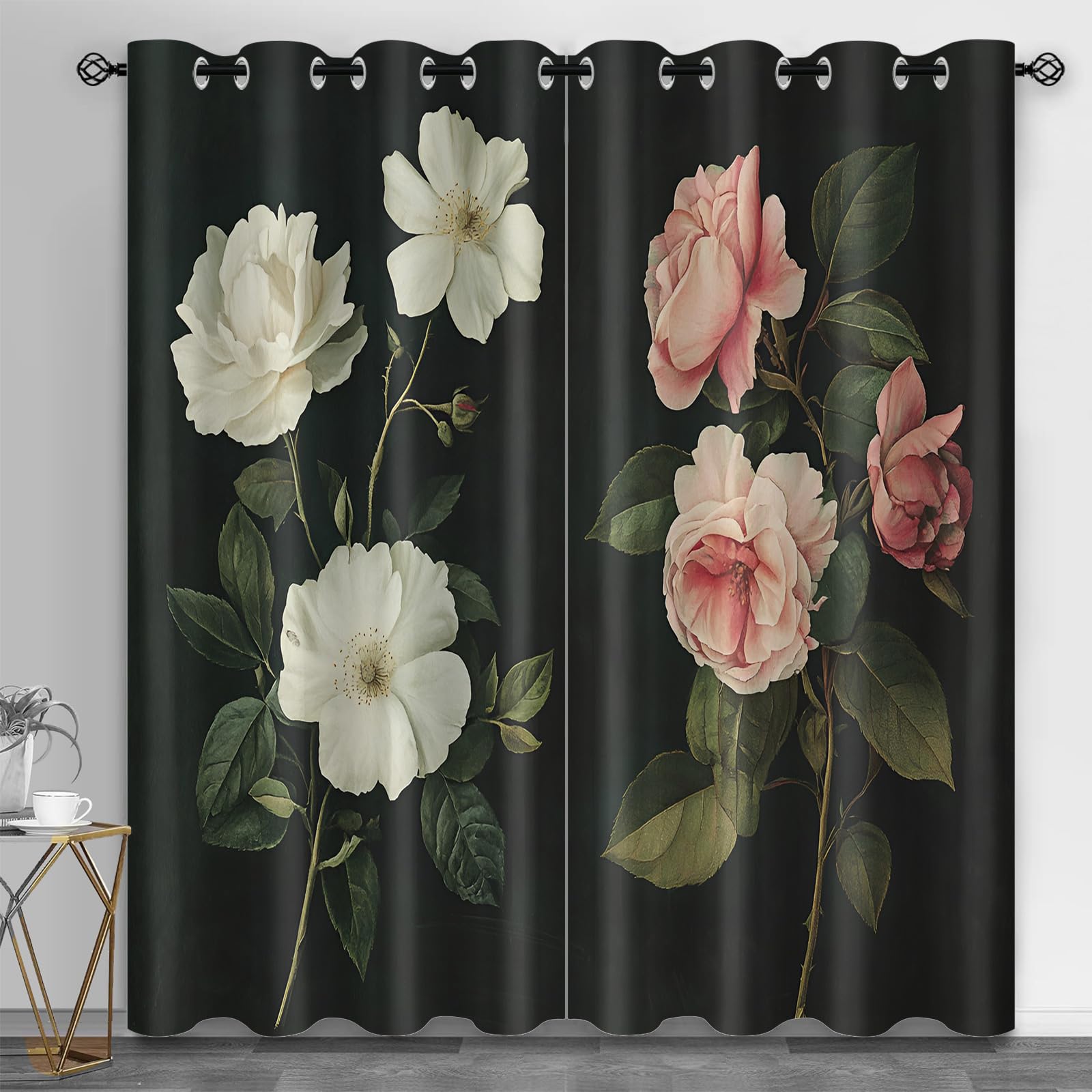 Rideaux occultants insonorisants motif roses blanches double rideau thermique 140 x 214 cm