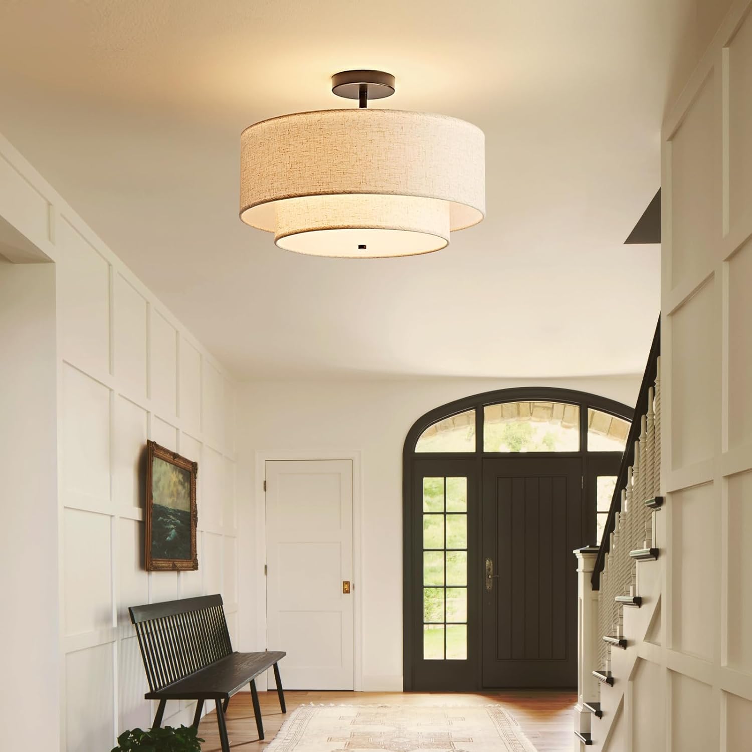 18" Semi Flush Mount Ceiling Light, Classic Fabric Linen Double Drum 3-Light, Farmhouse Black Light Fixture for Living Room, Bedroom, Kitchen, Dining Room