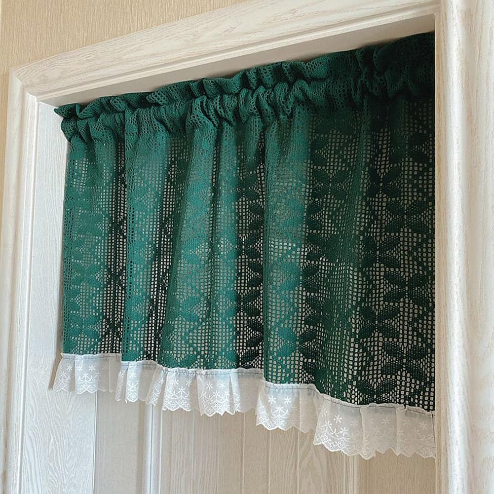 Crochet Curtain Valance for Kitchen Bathroom Door, Rustic Farmhouse Lace Curtain Tiers for Bedroom Decor Room Divider