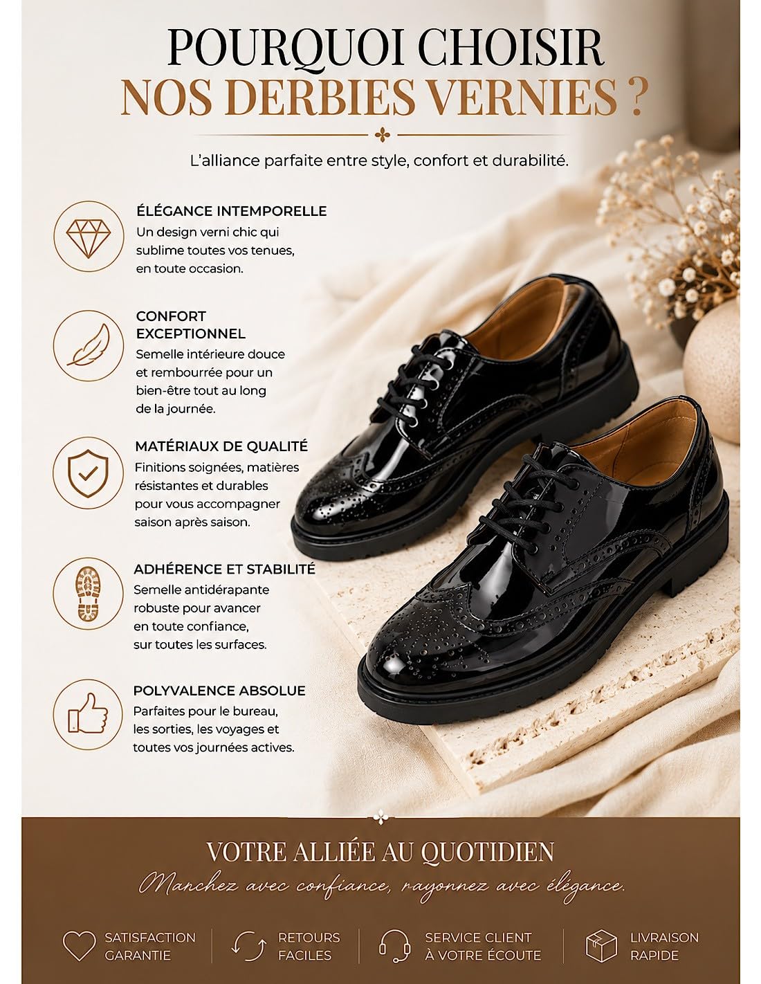 Derbies Vernies Elegante Donna Suola Pelle Tacco Quadrato
