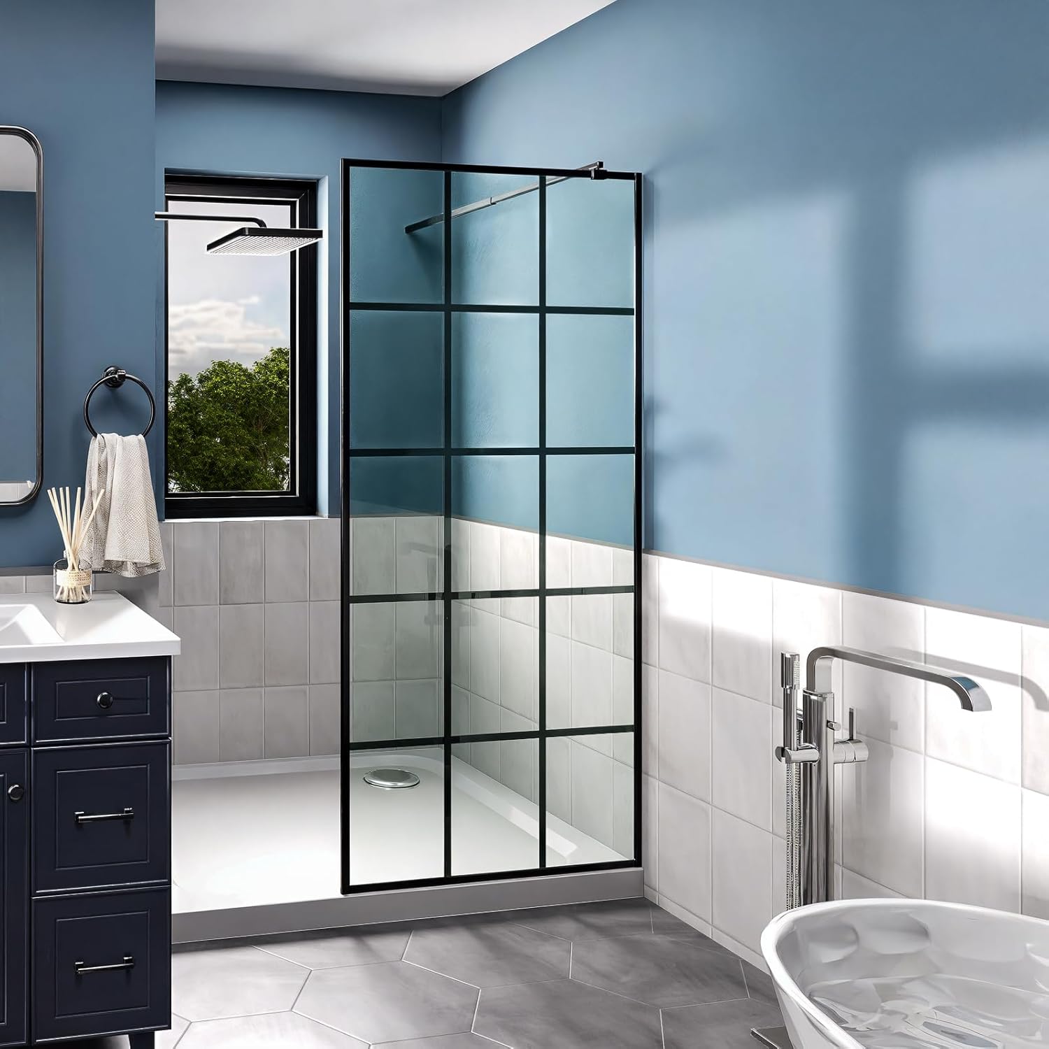 34" X 72" H Shower Screen,Shower Door With 1/4" inch SGCC Clear Tempered Glass,Shower Glass Panel,Matte Black