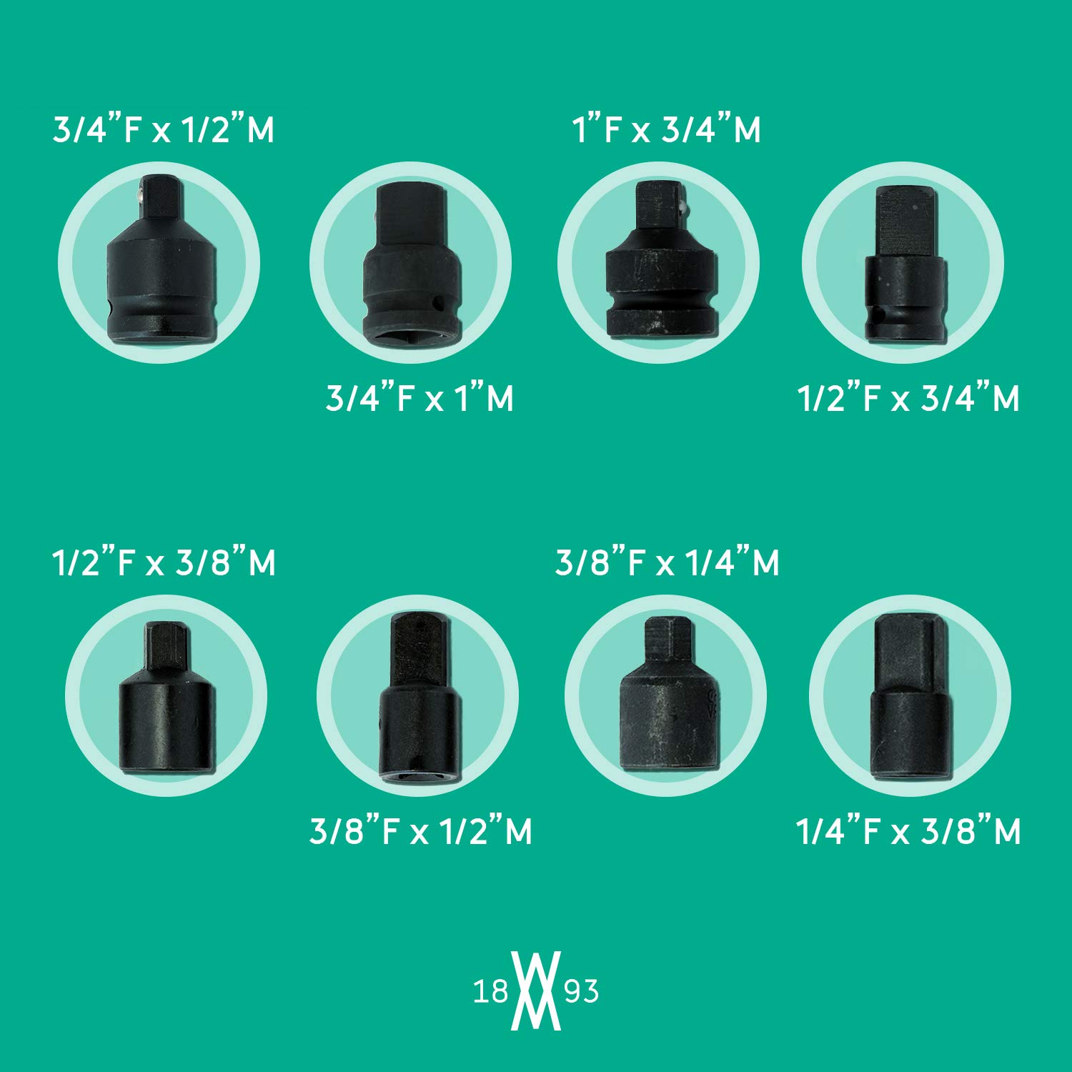 Set adattatori da 8 pezzi con attacco da 1/4″, 3/8″, 1/2″ e 1″ | WIESEMANN 80010 | lega acciaio in cromo e vanadio | set per chiavi a bussola | maschio | femmina | valigetta per trasporto