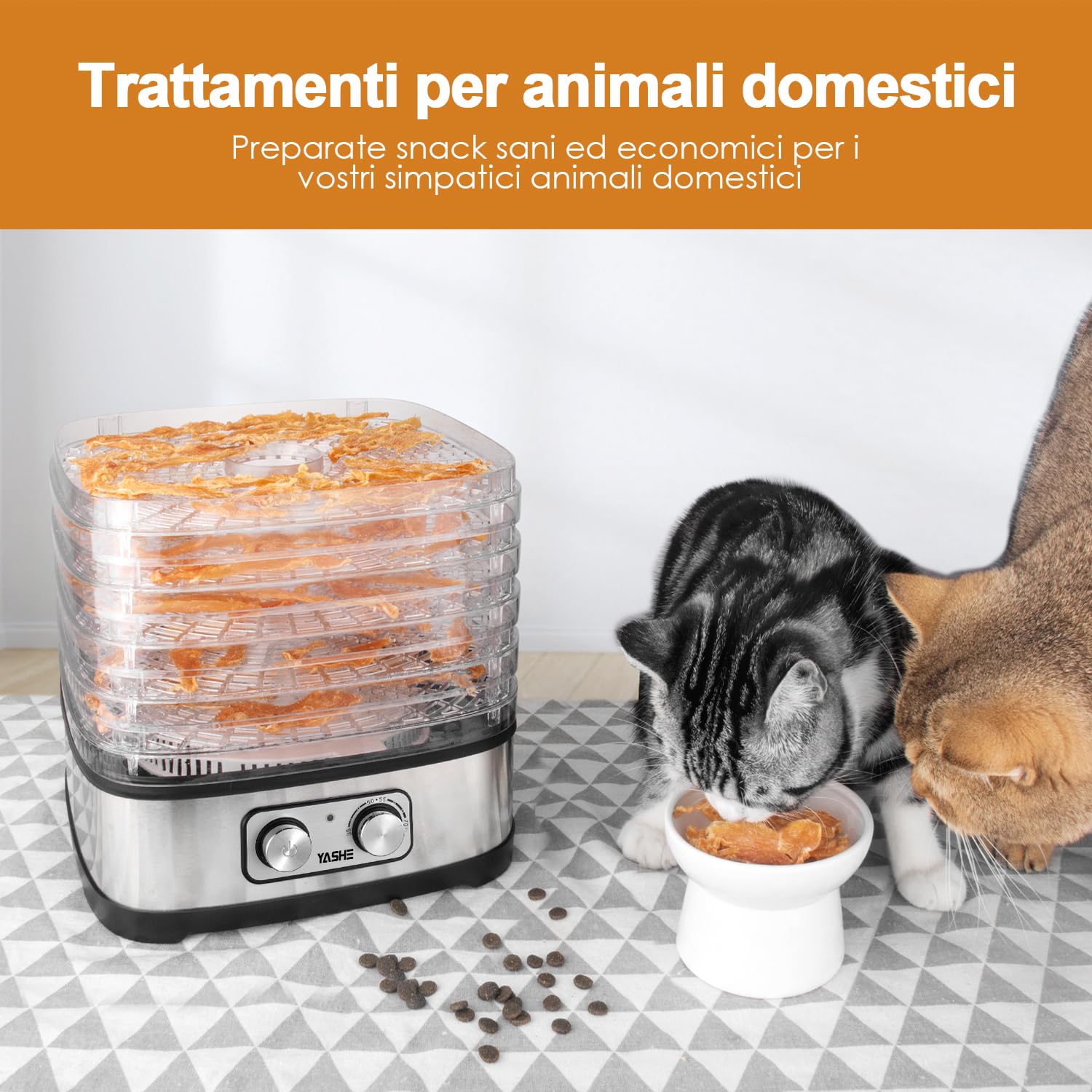 YASHE GGJ-261A Essiccatore Alimentare, 5 Vassoi Regolabili in Altezza, Controllo della Temperatura da 35 a 70°C, Essiccatore Frutta e Verdura da 240 Watt, Senza BPA
