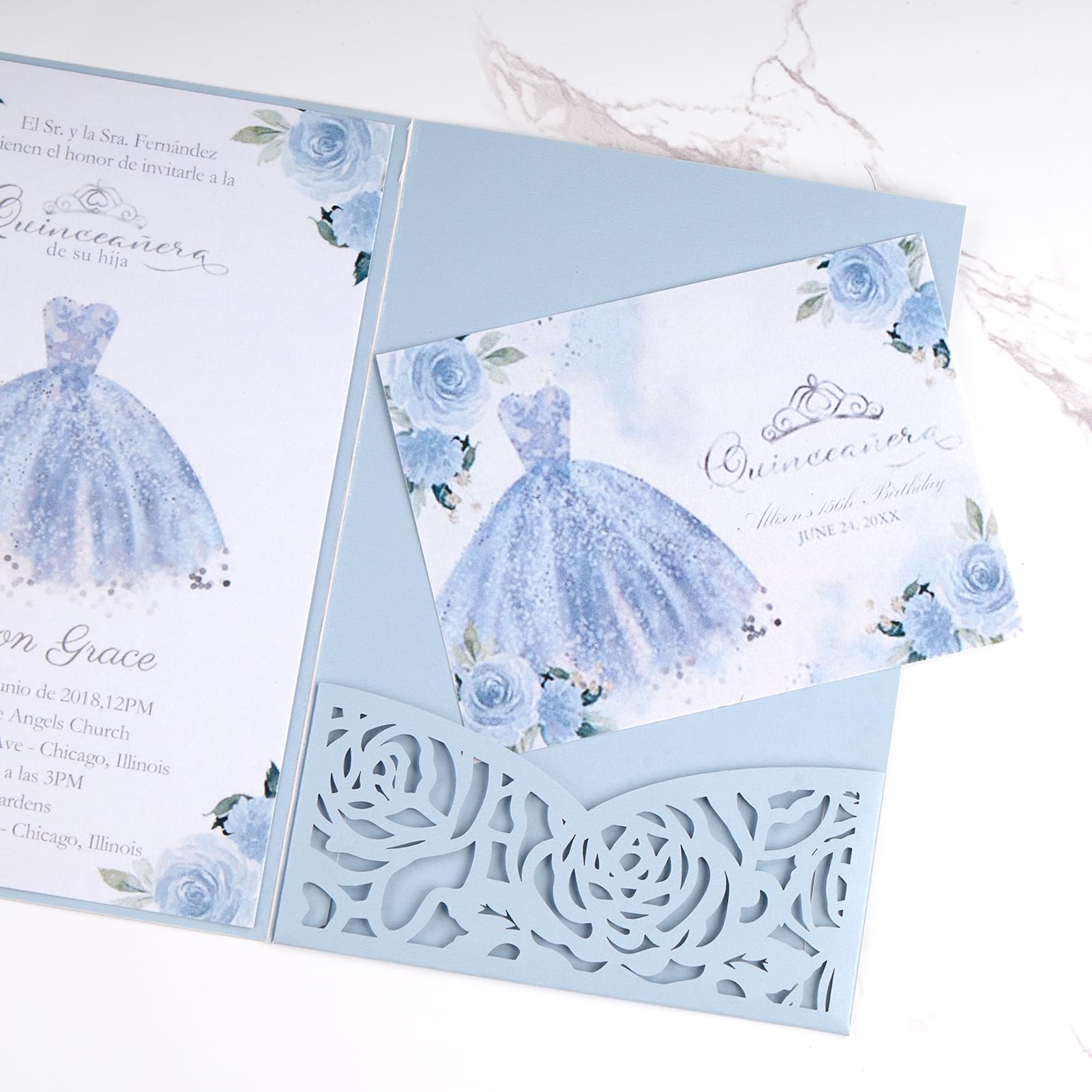 AdasBridal Hochzeitseinladungen mit Umschlägen und RSVP-Karten, Babyblau, lasergeschnitten, 50 Stück