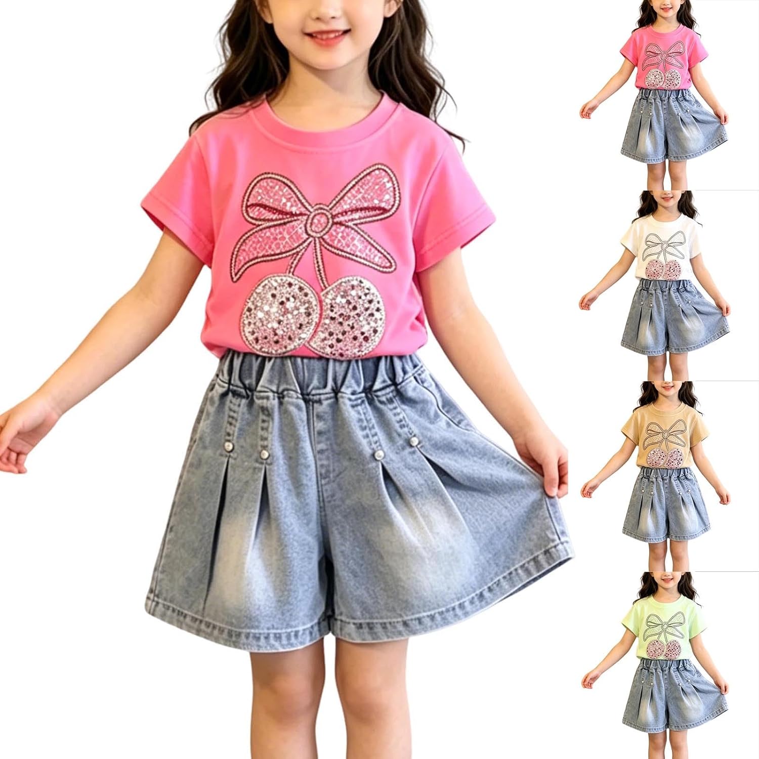 Girls Two Piece Sequin Outfit Cherry Short Sleeve Crewneck Tee High Elastic Ruched Denim Shorts Vacation Outfits