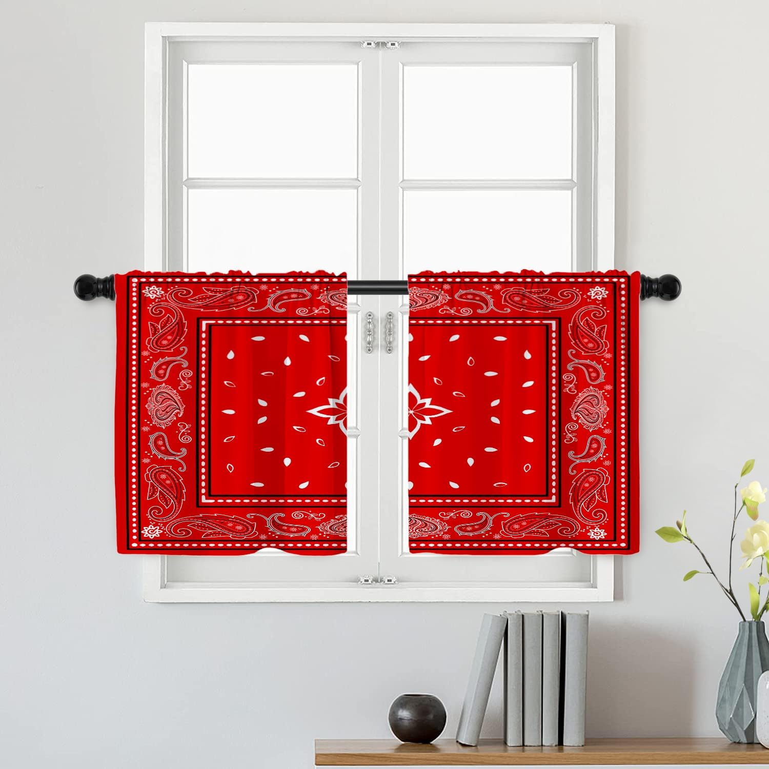 Batmerry Red Black Paisley Tier Curtains, Colorful Floral Vintage Bandana Border Window Treatment Short Kitchen Curtain Multilayer Polyester Blackout for Living Room/Bathroom, 2 Pack 26x24 inches