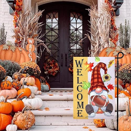Miniatura 6 de Bandera de jardín de bienvenida de otoño, 12.5 x 18 pulgadas, vertical, de doble cara, gnomo a cuadros con soporte de fútbol, decoración de otoño