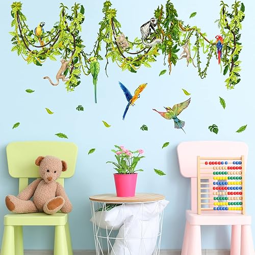 Miniatura 4 de RW-YJ087 Calcomanías creativas de pared de plantas de selva tropical colgantes hojas verdes enredaderas monos pegatinas de pared DIY extraíble