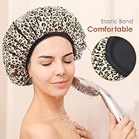 Vista 29 de Auban Gorro de ducha, gorro de ducha para mujer, forro de tela de rizo, EVA, exterior, reutilizable, doble capa, impermeable, gorra de baño grande