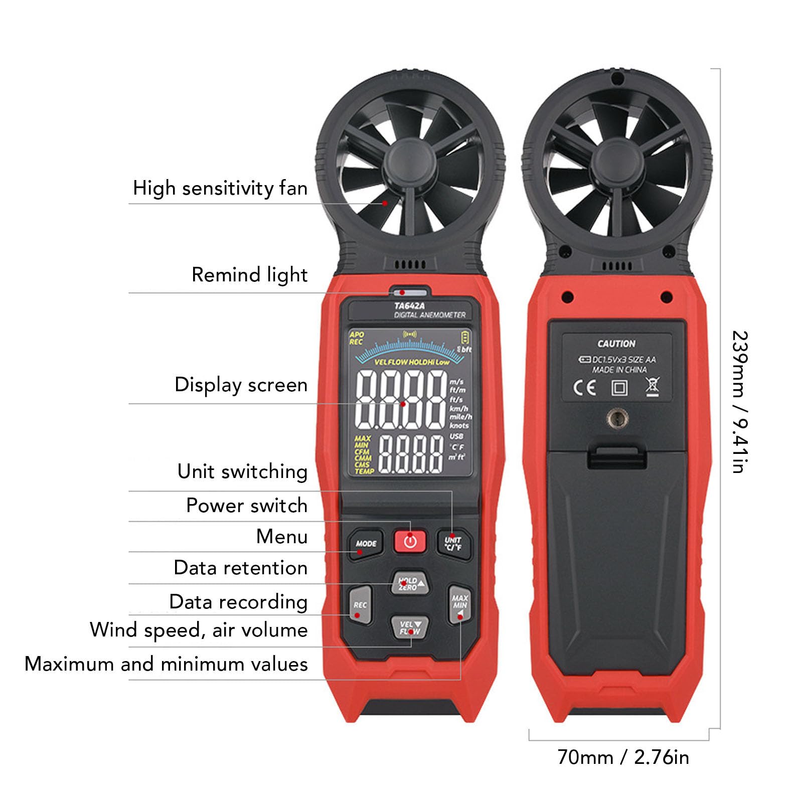 Anemometro Digitale Ad Alta Precisione Messore di velocità del Portatile per Professionisti HVAC