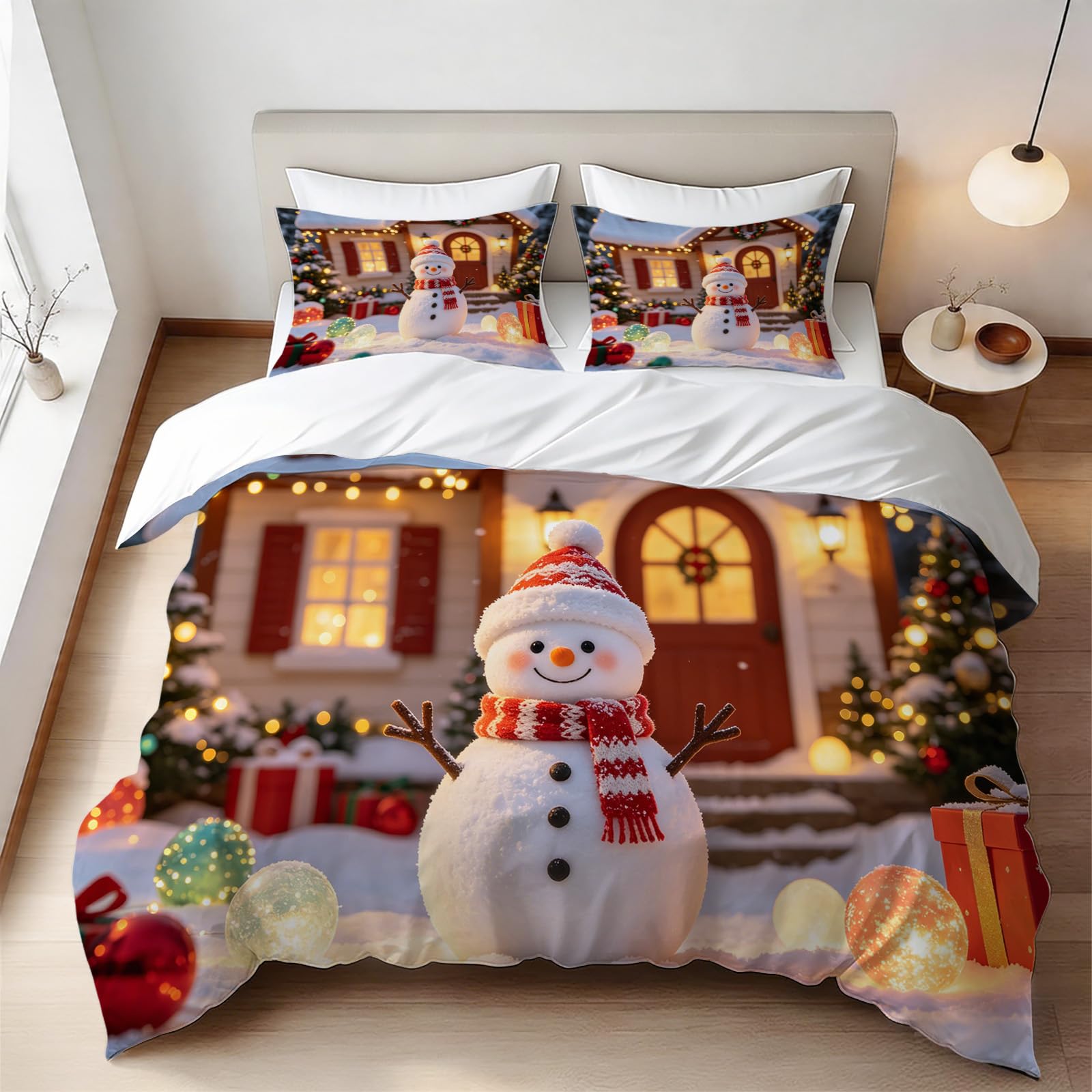 Housse de couette imprimée 3D Noël 160x200 parure lit microfibre fermeture éclair 2 taies