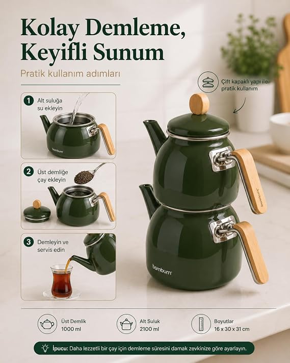 Sultan - Bambu Kulplu Emaye Çaydanlık Takımı Koyu Yeşil