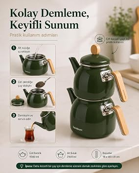 Sultan - Bambu Kulplu Emaye Çaydanlık Takımı Koyu Yeşil