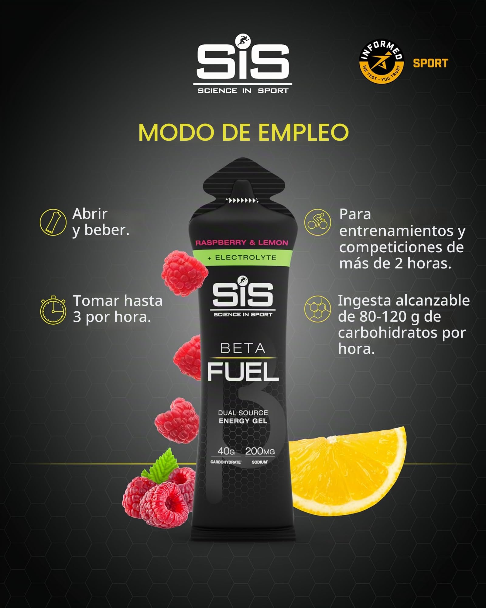 Science in Sport BETA Fuel + Electrolyte Gel – frambuesa y limón | 40g carbohidratos, 200mg sodio – ideal para resistencia e hidratación (paquete de 30)