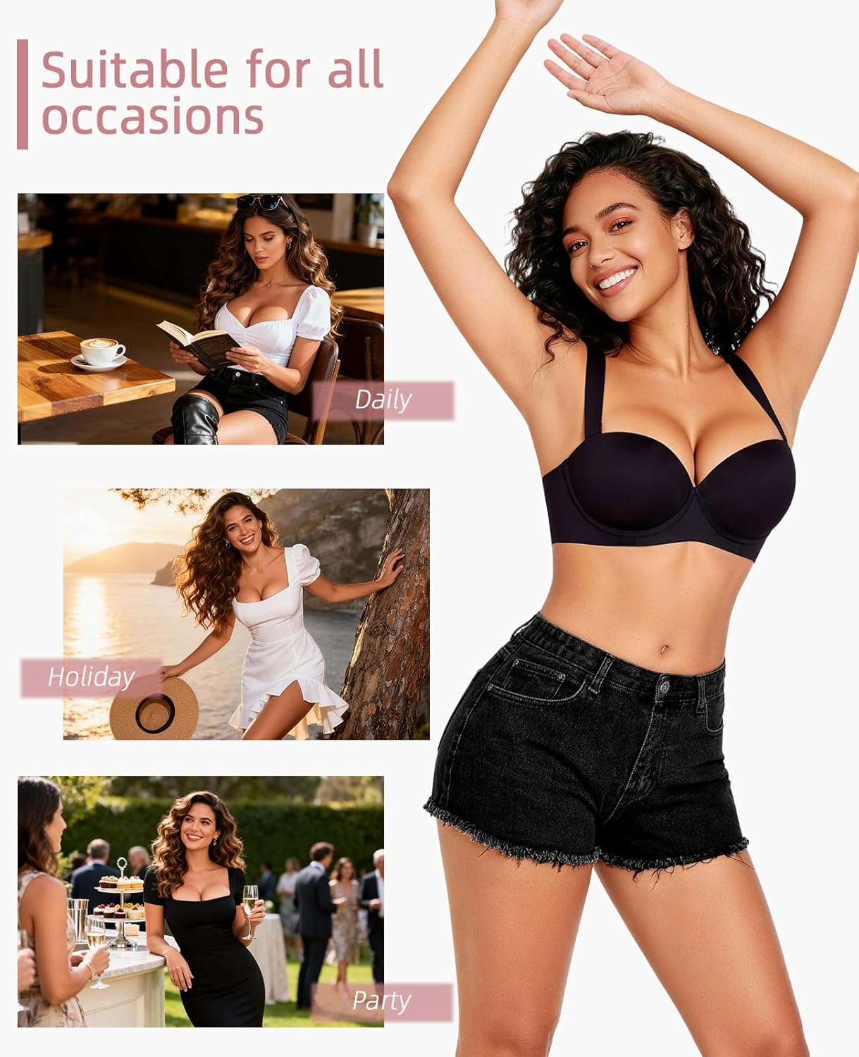 Upushall Push Up Padded Bra Add 1 Cup Balconette Underwire Support Back Smoothing T-Shirt Bras for Women