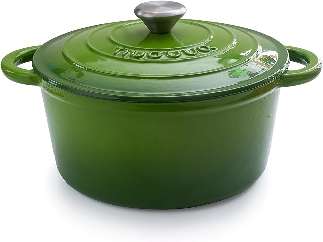 Cast Iron Pot with Lid  Non-Stick Ovenproof Enamelled Casserole Pot  Sturdy Dutch Oven Cookware  Green, 4.7L, 24cm  by Nuovva