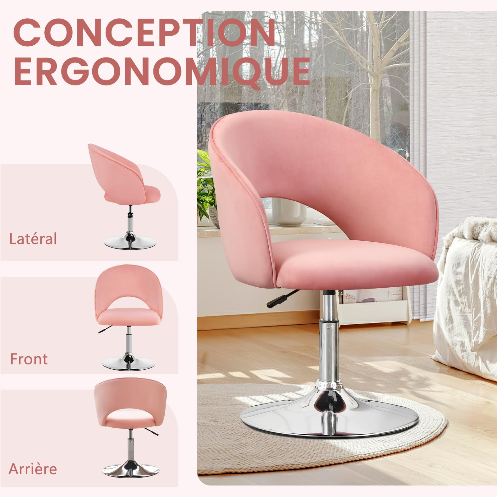 Chaise de Coiffeuse, Tabouret de Maquillage, Chaise de Salle à Manger Pivotante, Tabouret de Bar Réglable en Hauteur, Fauteuil de Salon Relax Tabourets de Cuisine avec Dossier et Socle, Rose