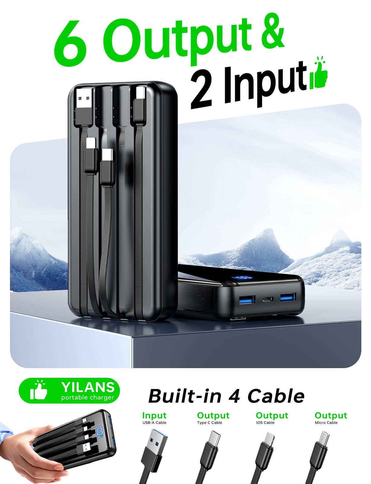 Portable Charger,50000mAh Power Bank Built-in Cable, 22.5W PD USB C In & Out Fast Charging, External Battery Pack with 6 Output & 2 Input, Travel Camping Essential for iPhone 17/16/15/14/13/12,Android