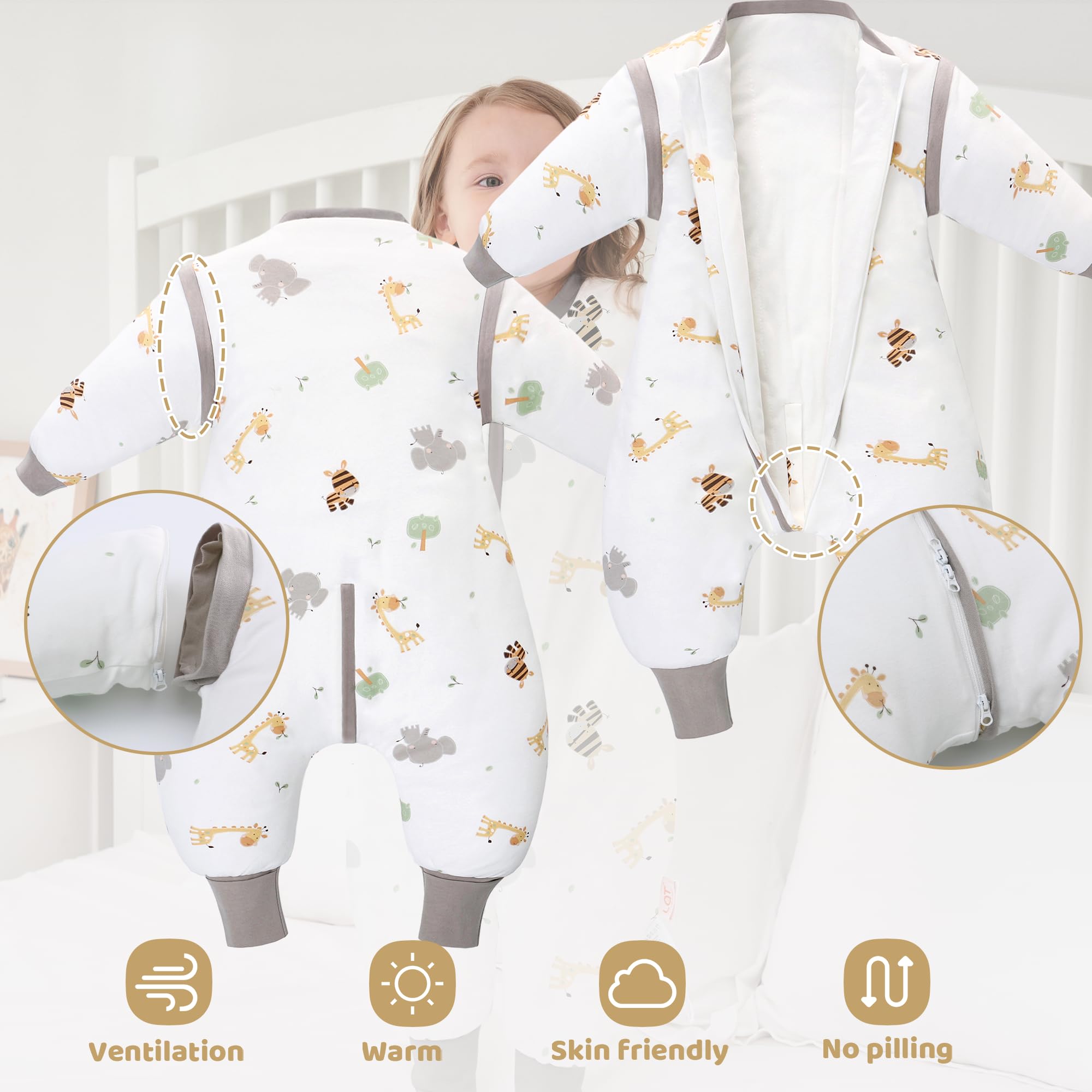 LAT Sacco Nanna Invernale, 2.5 Tog Sacco Nanna con Piedini e Maniche Staccabili, Sacco a Pelo in Cotone con Cerniera a 3 Vie per Bambini