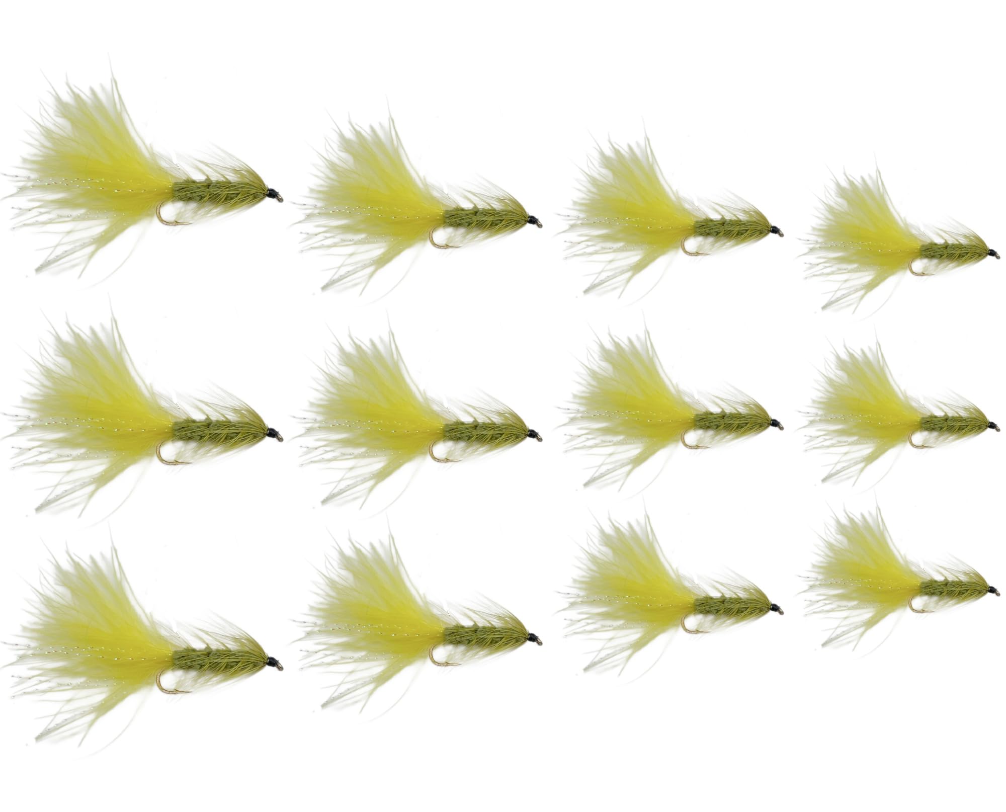Feeder Creek Fly Fishing Flies | Woolly Bugger Flies, 12pc Flies for Fly Fishing | Trout Flies and Bass Flies | 4 Size Fly Fishing Assortment | Streamer Flies (Olive and Yellow)