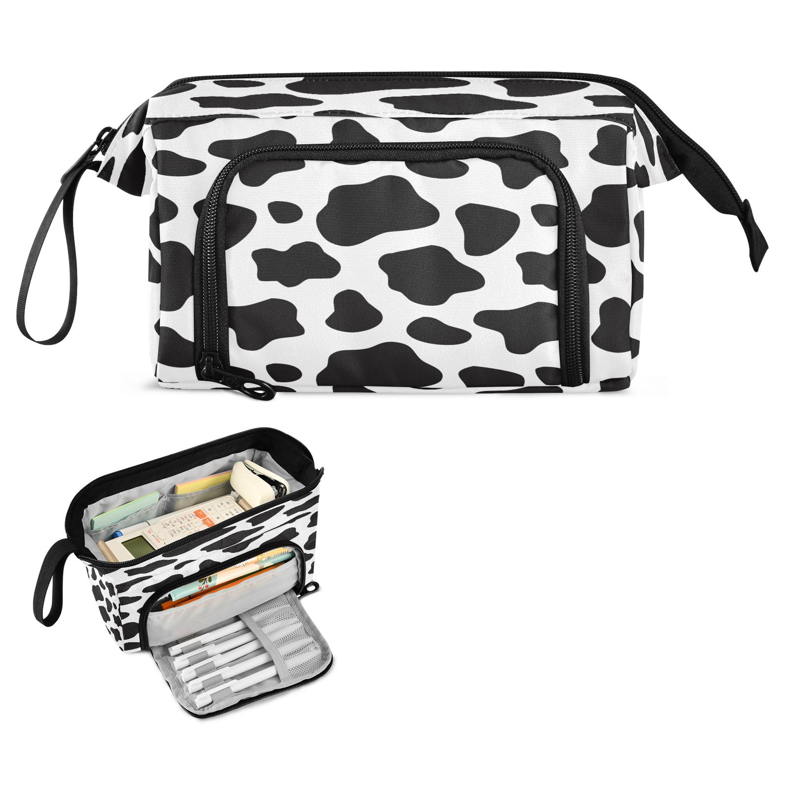 Mnsruu Big Capacity Pencil Case Black and White Cow Print Pouch Pen Case Pencil Box Stationery Bag Makeup Bag Office Organizer for Boys Girls - Image 2