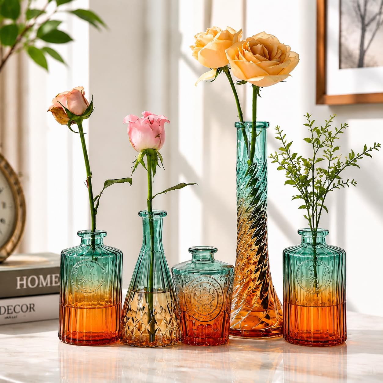 Set of 5 Glass Vases, Vintage Gradient Flower Vase Set for Home Decor