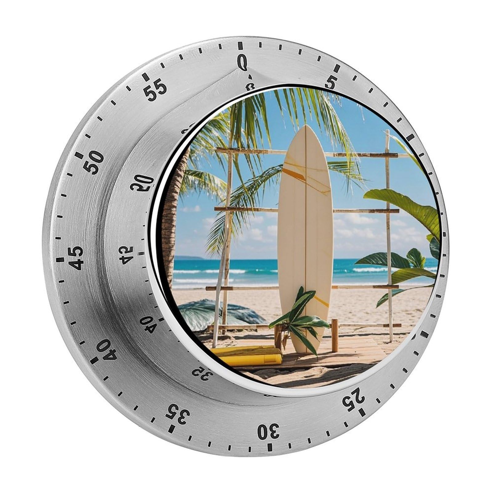 Surfboard on Wooden Fashion Visual Timers Wind Up 60 Minutes Desk Stainless Steel Magnetic Timer Countdown Clock No Batteries Loud Alarm for Kitchen Chef Cooking
