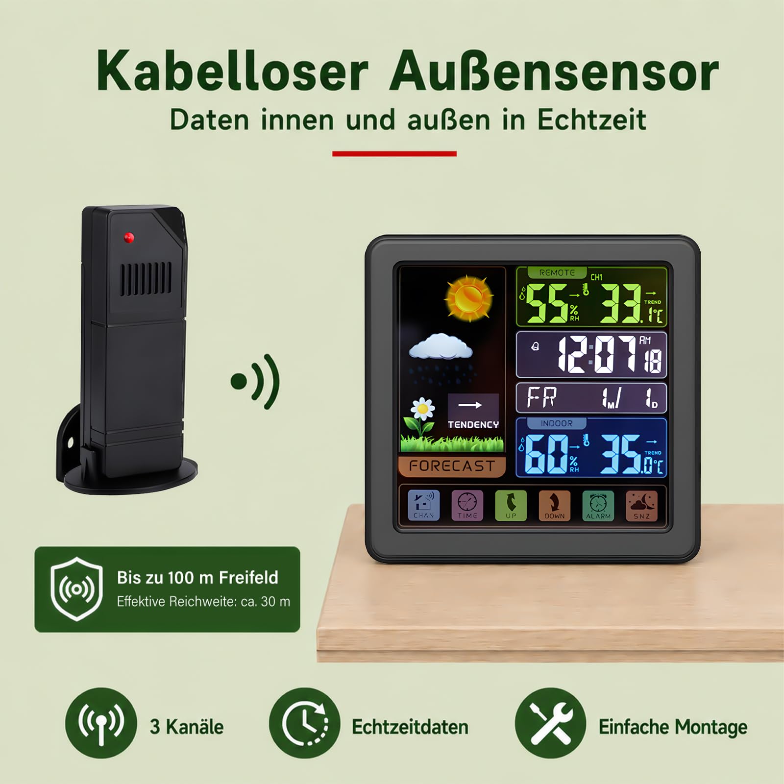 Wetterstation Funk mit Außensensor, 6.1 Zoll Touchscreen Farbdisplay mit Sperrfunktion, Innen Außen Thermometer Hygrometer, Wettervorhersage, Wecker mit Schlummerfunktion, Zuhause Garten Büro