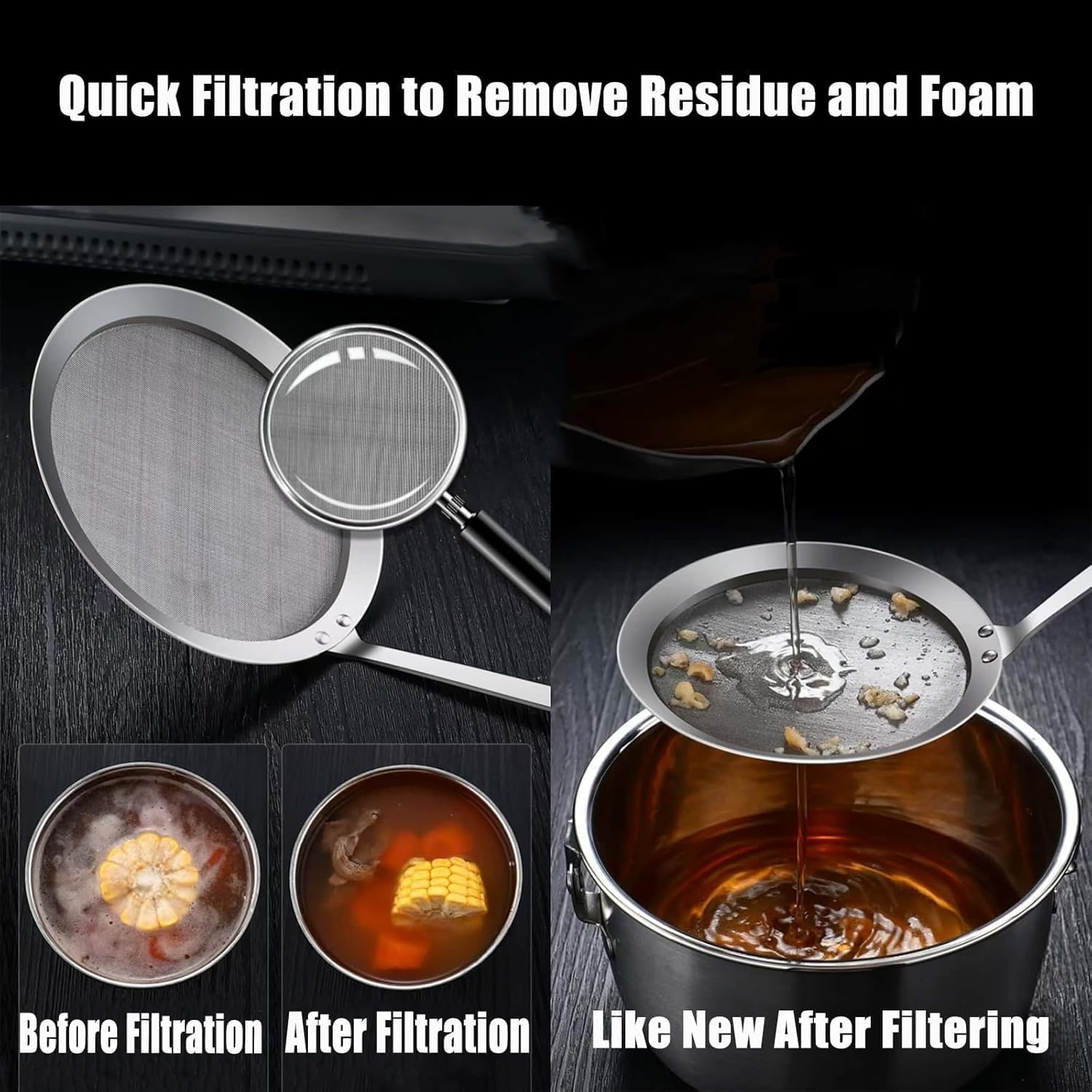 Fine Mesh Skimmer Spoon, 304 Stainless Steel Hot Pot Fat Strainer Durable Multi-Functional Kitchen Cooking Mesh Food Strainer Ladle for Oil Filter Skimming Grease and Foam