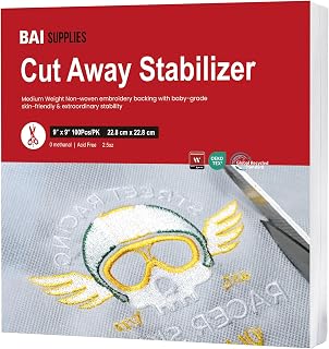 BAI Cut Away Stabilizer for Machine Embroidery 9"x9" 100 Sheets | Professional 2.5oz Cut Away Backing, Lasting Support, Consistent Stitch Results, Small Batch Embroidery Projec