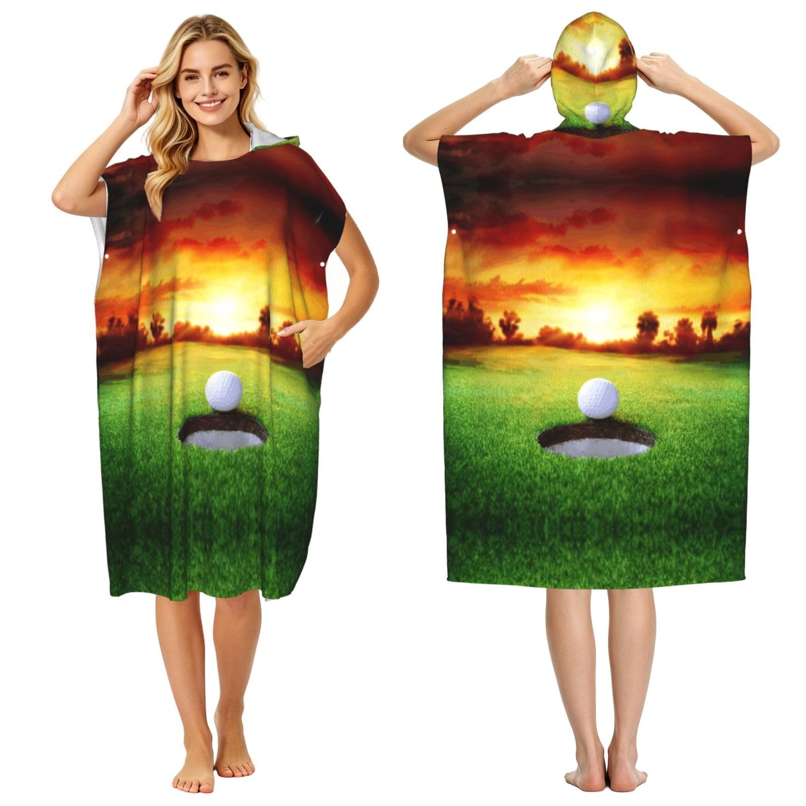 Poncho microfibre adulte avec imprimé golf coucher de soleil pour surf et bain