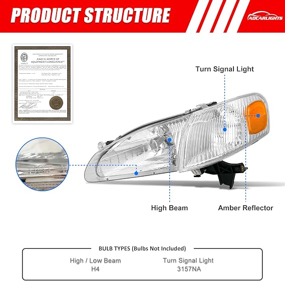 Headlight Assembly Compatible with 1998 1999 2000 Toyota Corolla Headlamp with Chrome Housing Amber Reflector Driver and Passenger Side(W/O Bulbs)