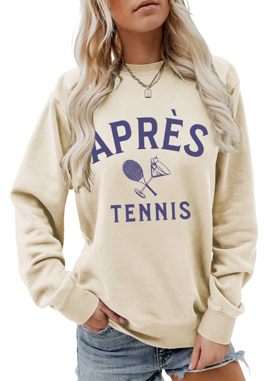 DWLRAYIU Apres Tennis Sweatshirt Funny Women's Sports Mom Crewneck Long Sleeve Pullovers Tennis Lovers Sweater