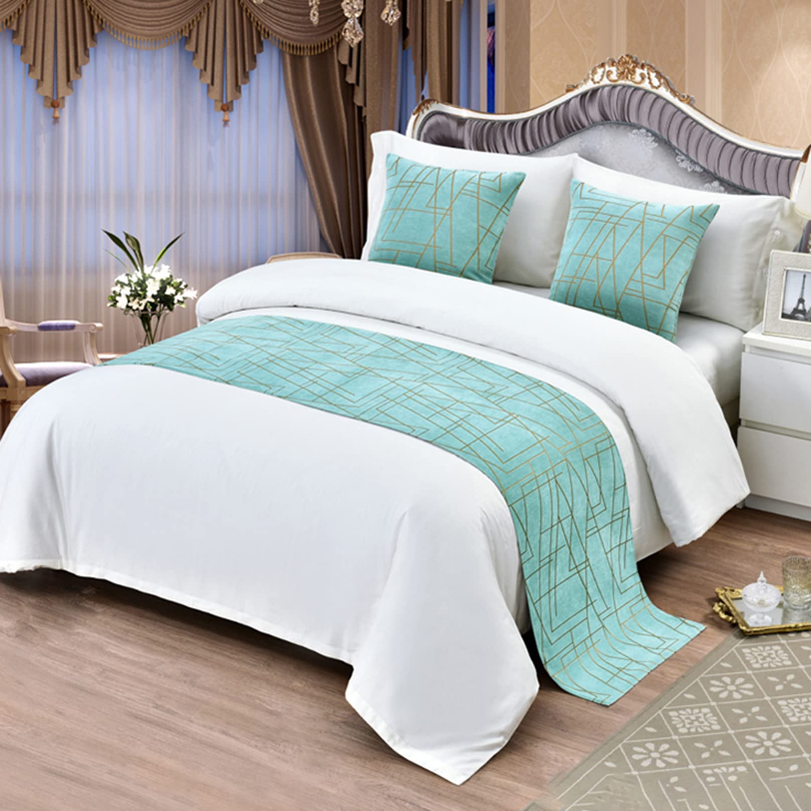 TTiiLoe Pattern Bed Runner for Foot of Bed, Bedroom Bedspread Bed Throw Bedding Protection End Towel Bed Cover Bed Scarf for Hotel Home, Blue, 50x210cm for 1.5m Bed