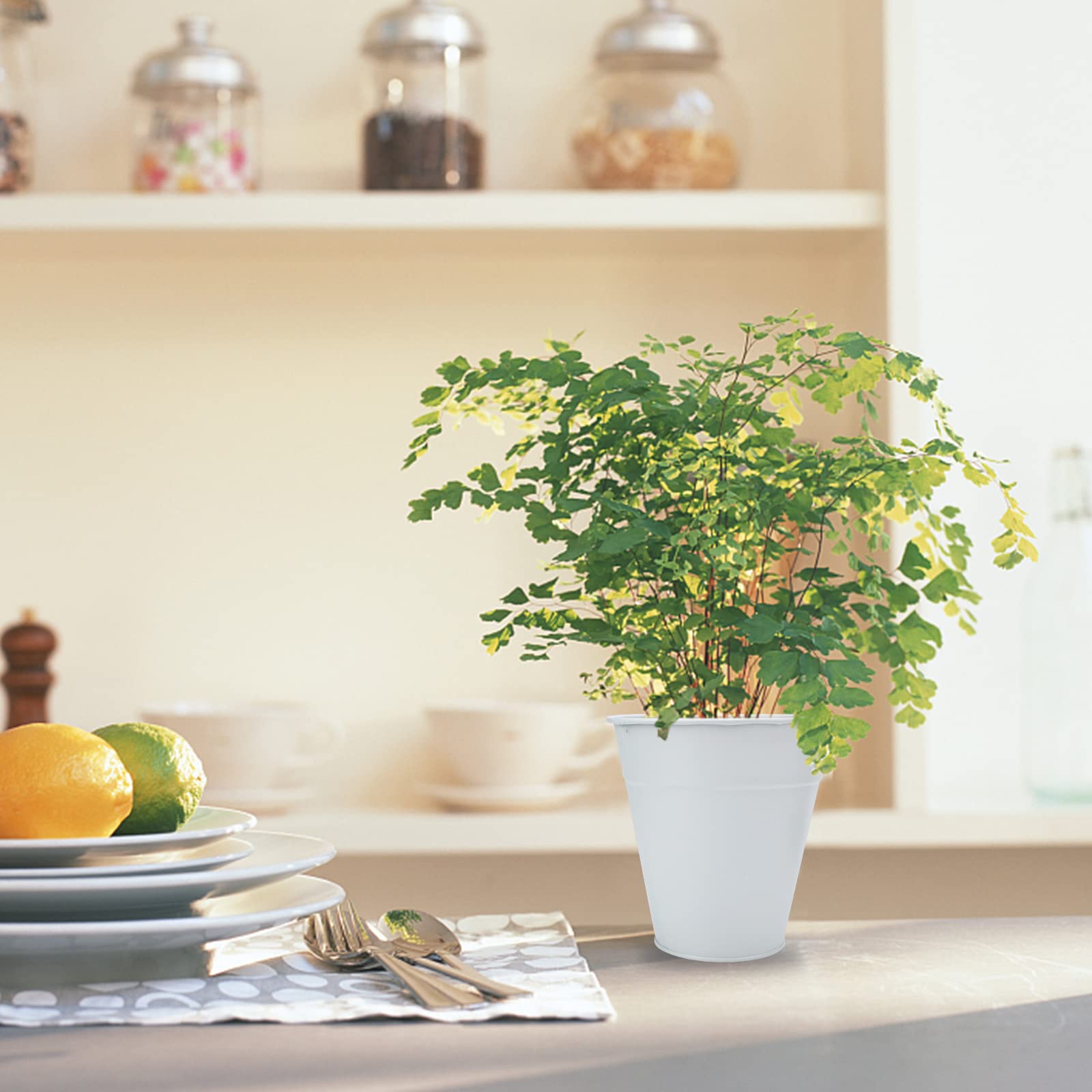 Lot De 3 Pots De Fleurs En Métal Avec Soucoupe - Vert Sauge, Pour Herbes Aromatiques, Rebord De Fenêtre