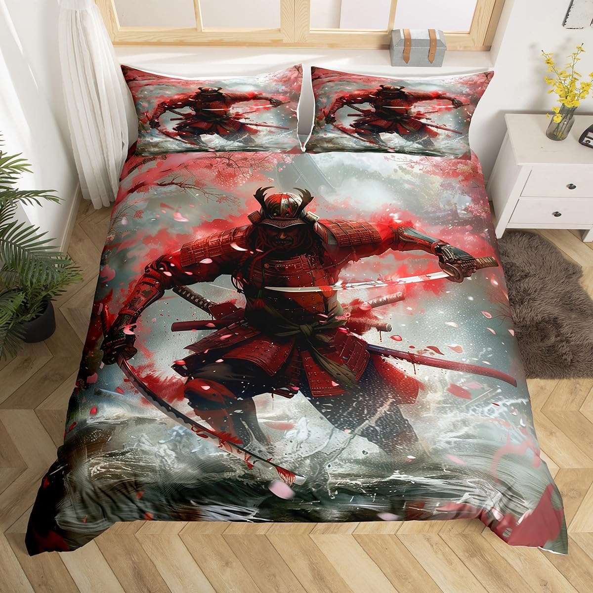 jejeloiu Japanese Geisha Girls Duvet Cover Queen Size Kids Cherry Blossoms Comforter Cover Set for Boys Teens Japanese Street Bedding Set Breathable Japanese Ukiyoe Bedspread Cover Quilt Cover