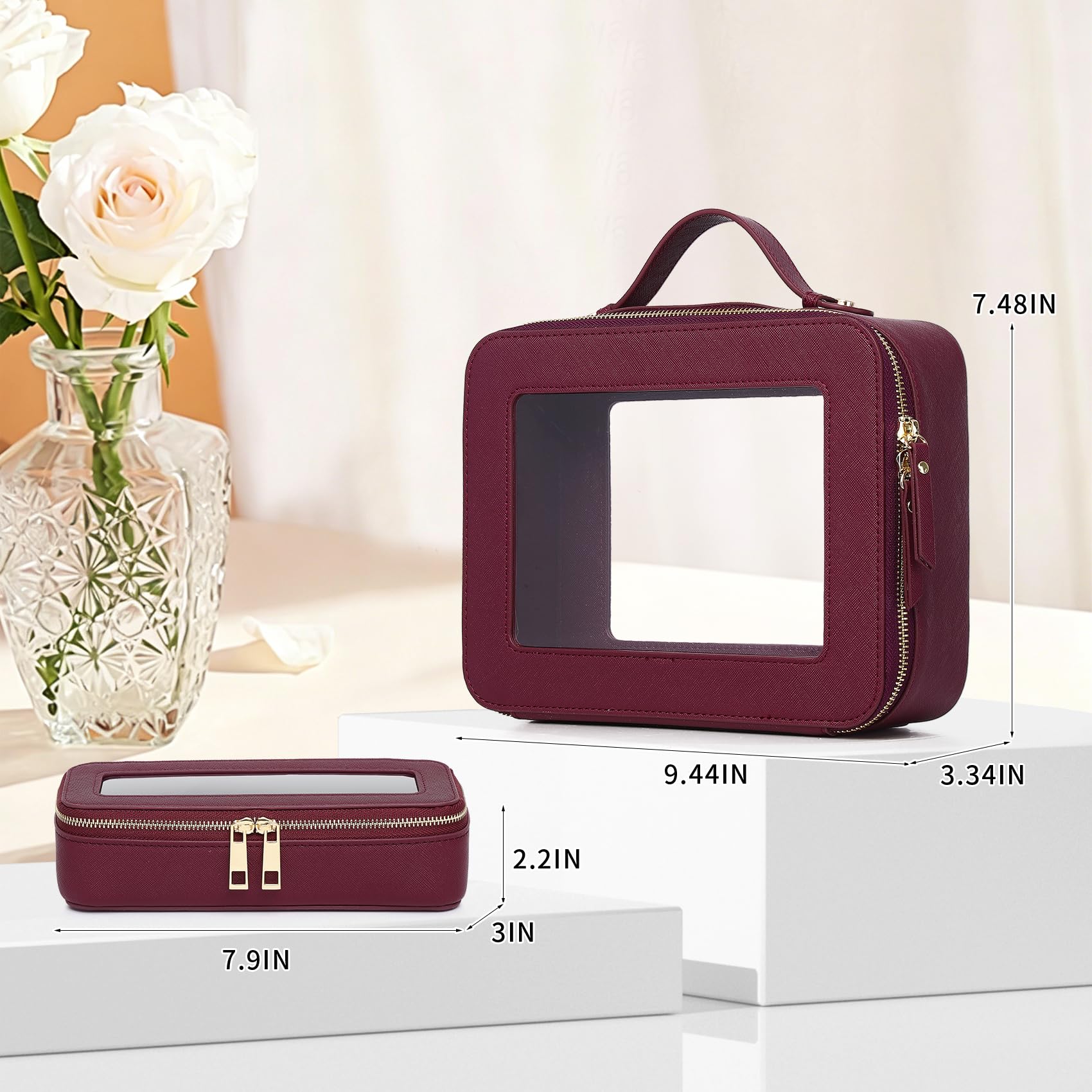 Borsa per trucco trasparente piccola borsa da toilette cosmetica borsa da viaggio impermeabile organizer borsa per trucco per cerniera auto, Borgogna, L+Slim, set di trucchi da viaggio