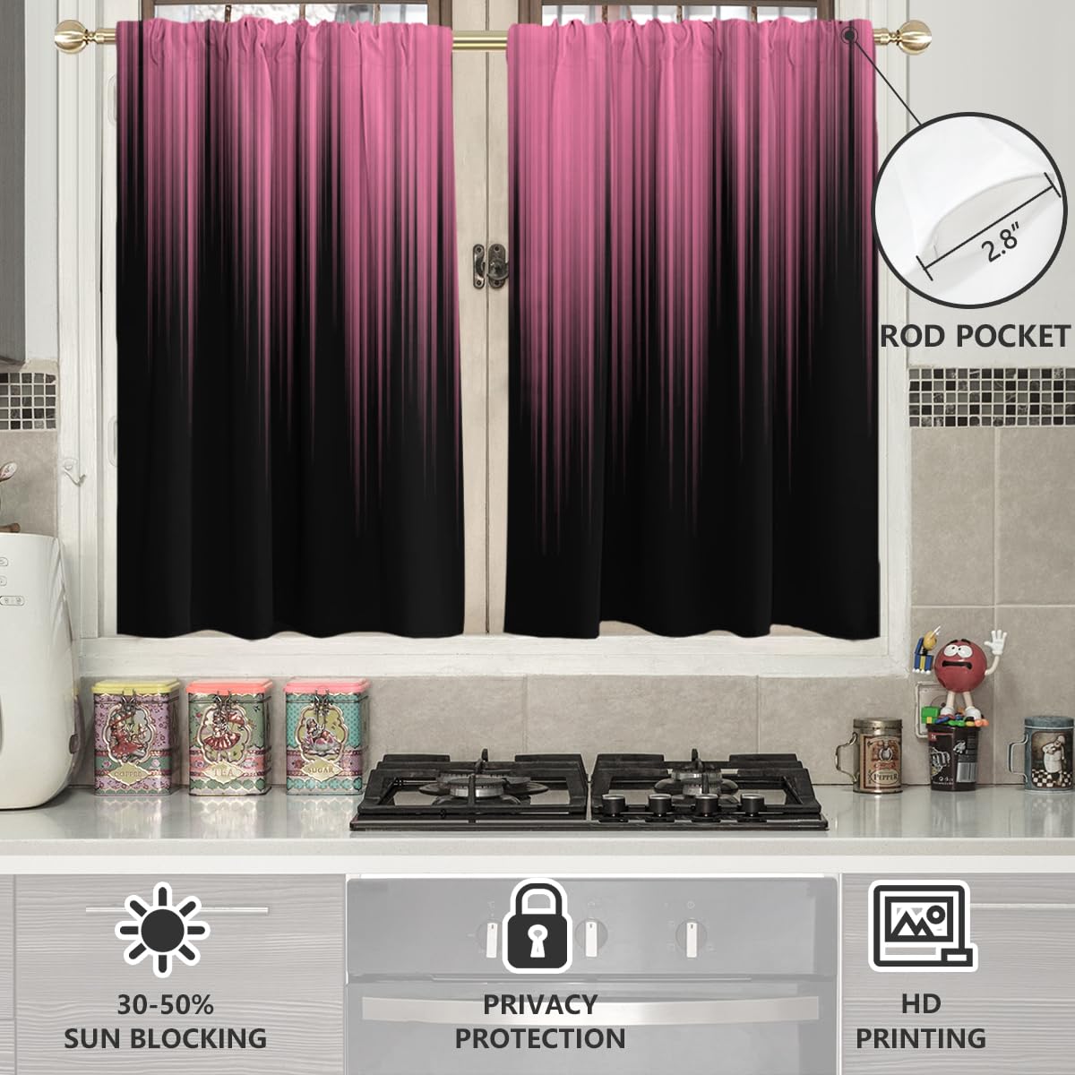 AAtter Cortinas de ventana rosa y negro para cocina, abstracto, a rayas, para niñas y mujeres, arte divertido, pequeño, corto, sala de estar, dormitorio, baño, cortinas de tratamiento de tela, 1 par,