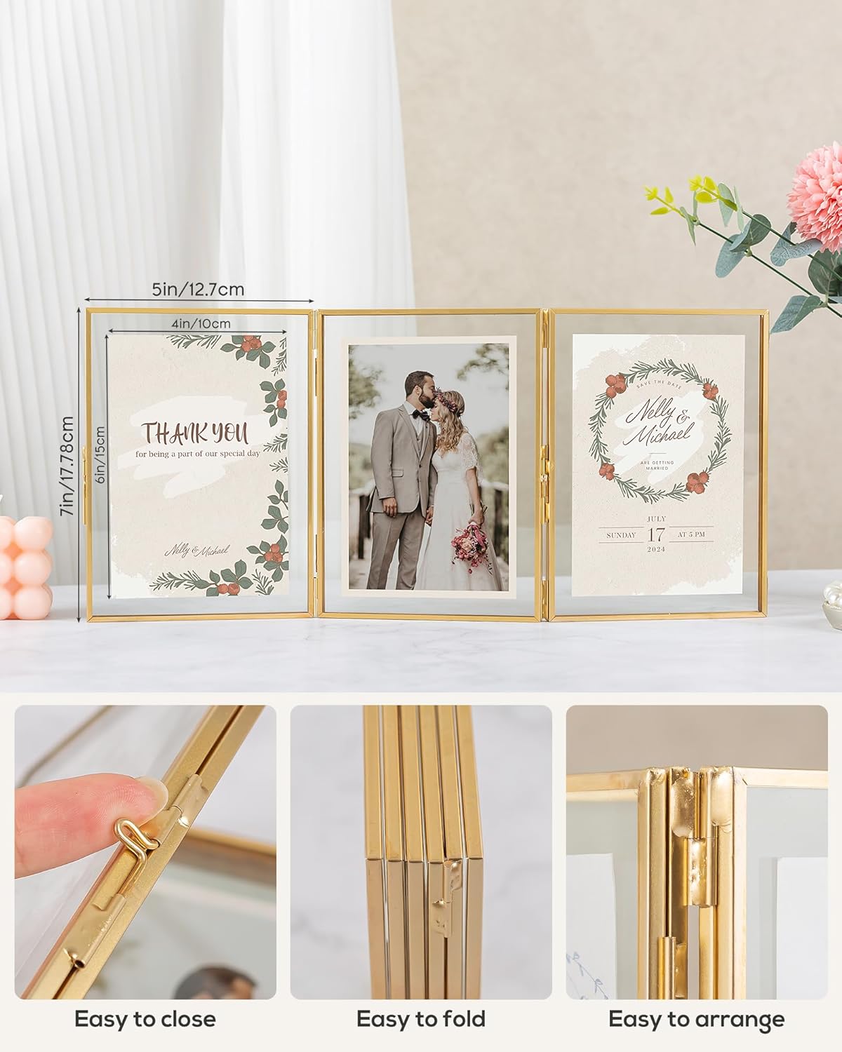 Gold Floating Frames, Vintage 5x7 Triple Folding Picture Frame, Hinged Glass Picture Frames with Three Opening for Artwork Photo Stand on Tabletop
