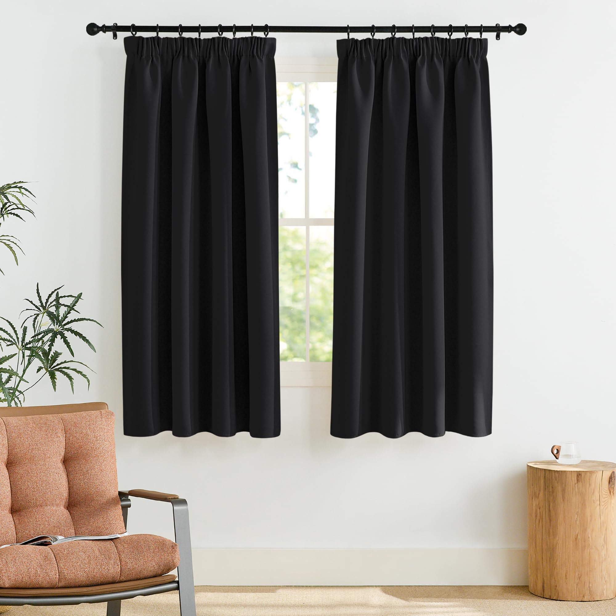 PONY DANCE Cortinas Cortas para Ventanas Termicas Aislantes Frio y Calor, Curtains Blackout Opacas para Salon Dormitorio Cocina con Ganchos 2 Piezas,140x160cm,Negro Global Recycled Standard Global Recycled Standard OEKO-TEX STANDARD 100 Global Recycled Standard