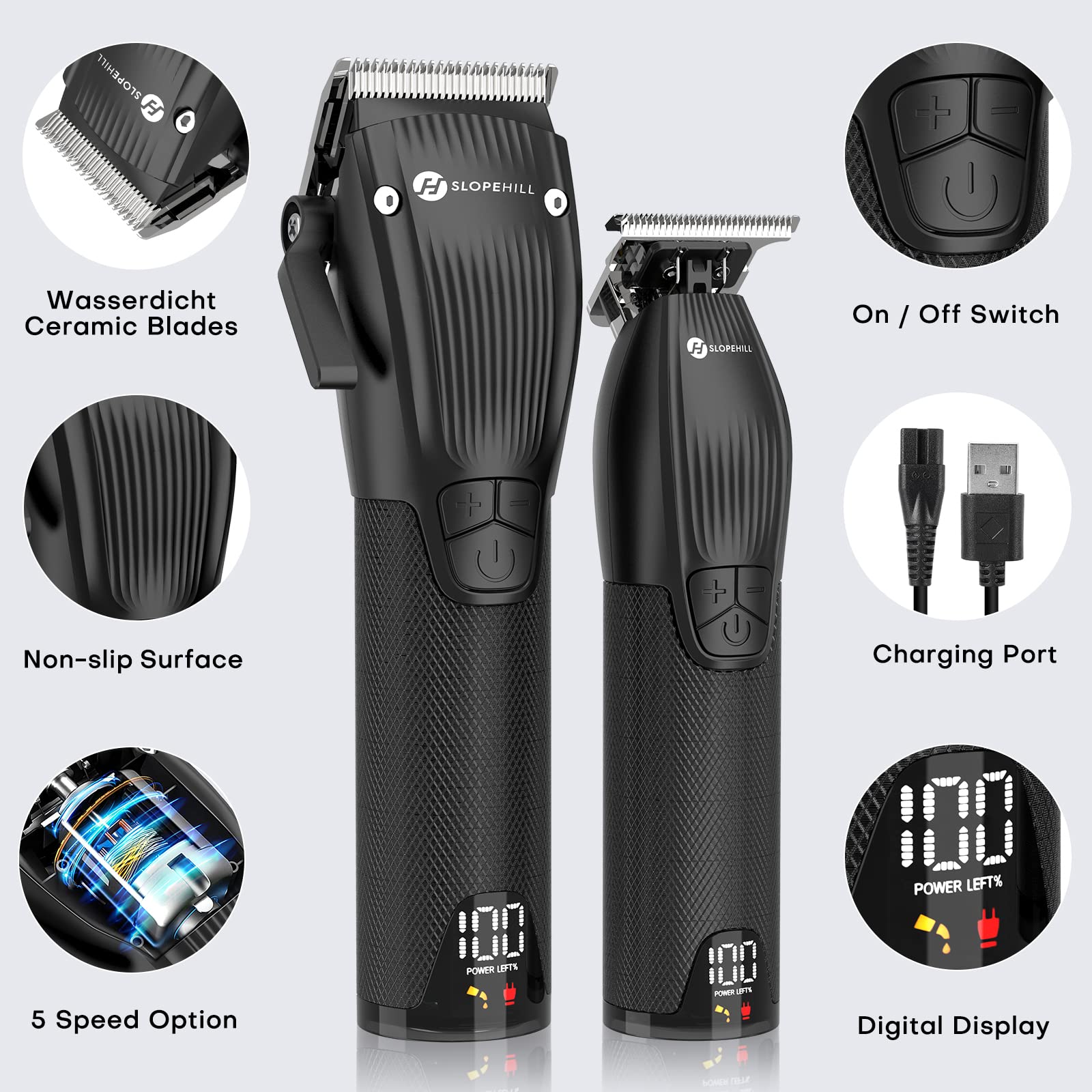 Profi Haarschneidemaschine und T-Klingen Trimmer Kit für Herren - Slopehill Schnurloser Barber Haarschneider Mit LED -Anzeige, Präzisions Haartrimmer Bartschneider Barttrimmer Set für Männer