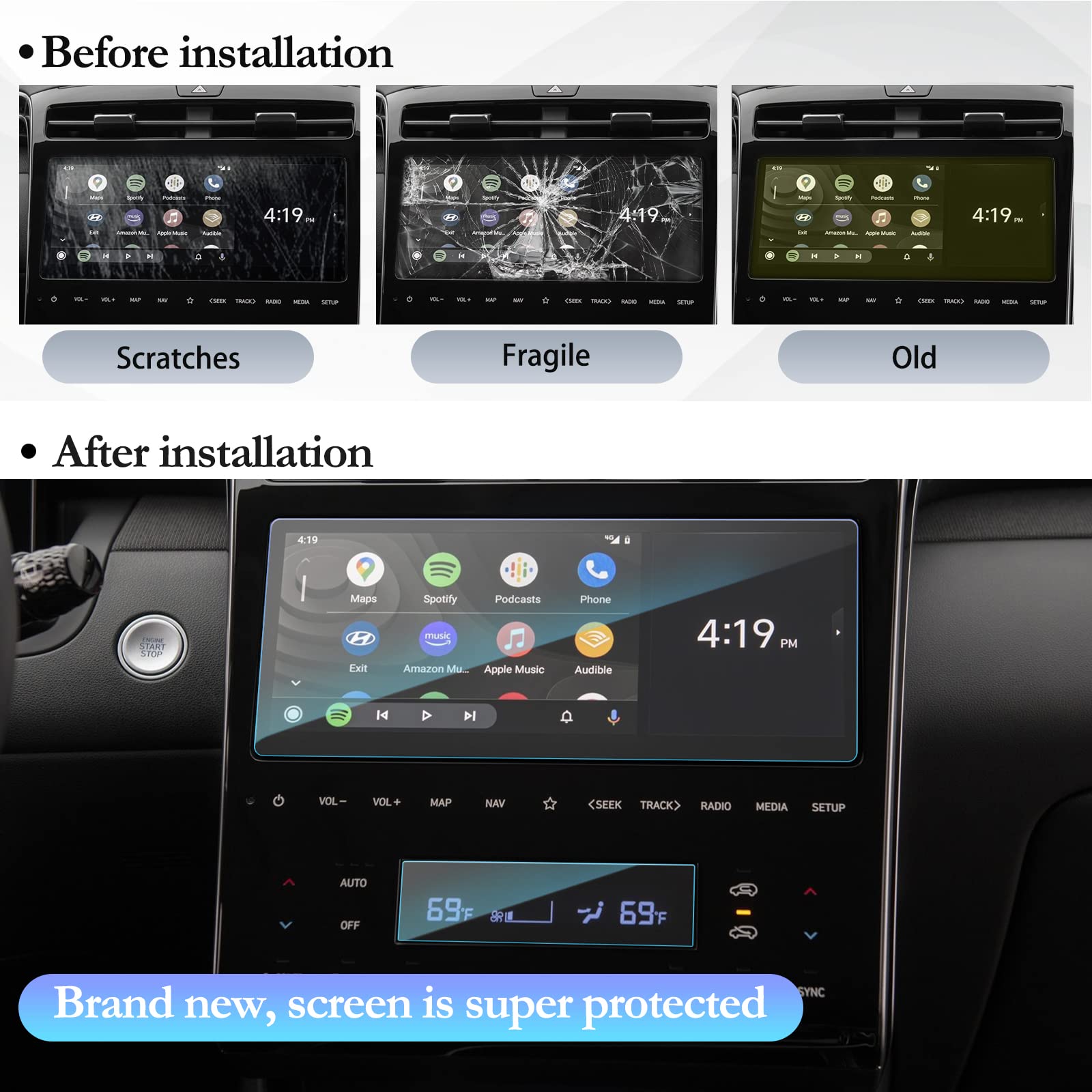 SKTU Pellicola compatibile con Hyundai Tucson NX4 2021-2023 2024 10,25'' Pellicola Protettiva per Display per GPS e Cruscotto e Condizionatore d'aria, Pellicola in Vetro Temperato