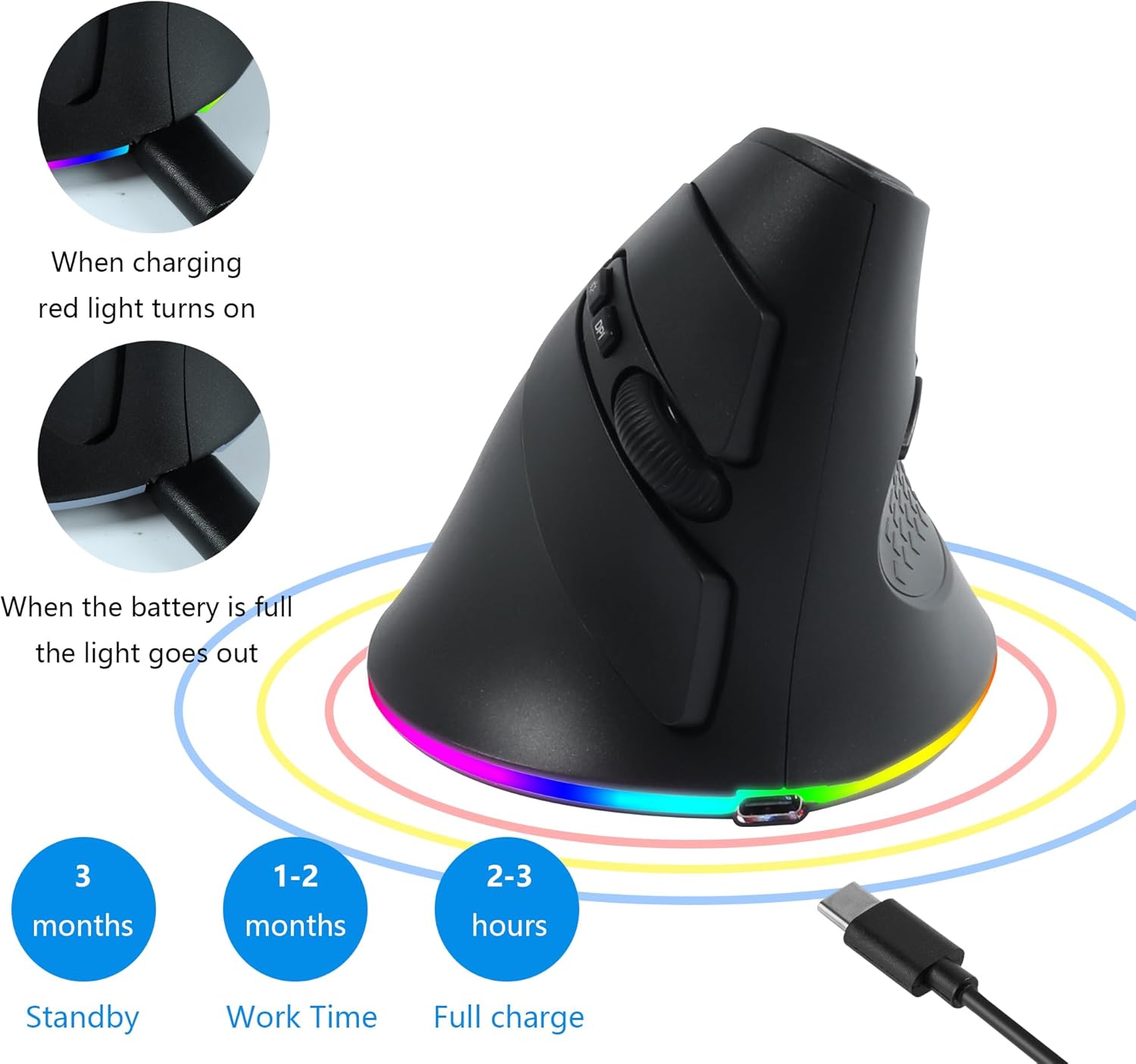 2.4G Wireless Mouse Ergonomic Vertical Mouse Bluetooth Mouse RGB Optical Mouse with USB Receiver 7 Buttons 4 Adjustable DPI Cordless Computer Mice for PC Laptop Desktop,Black