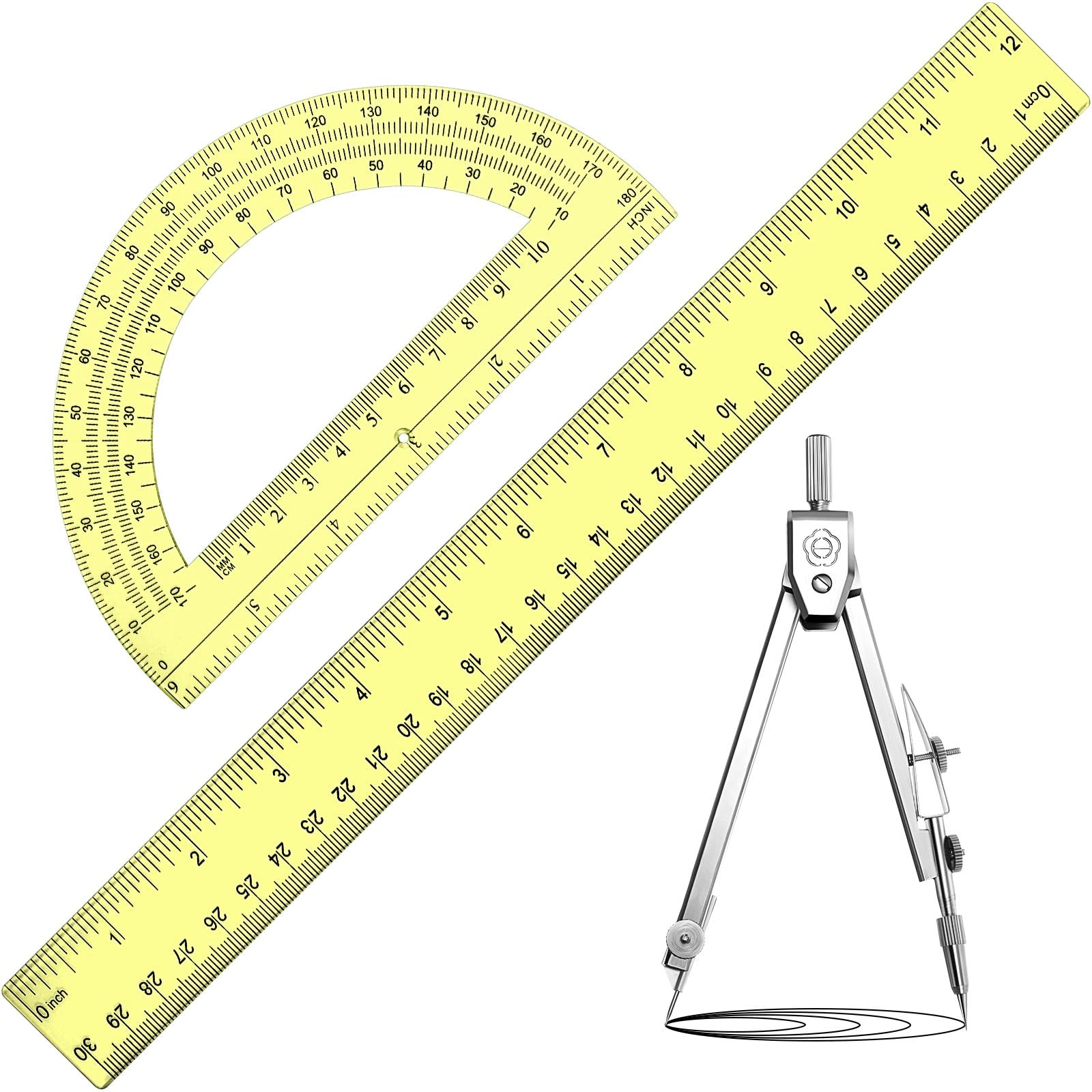 Zonon 3 Pcs 12" Clear Plastic Ruler 6 Inch Protractor Compass Set, Yellow