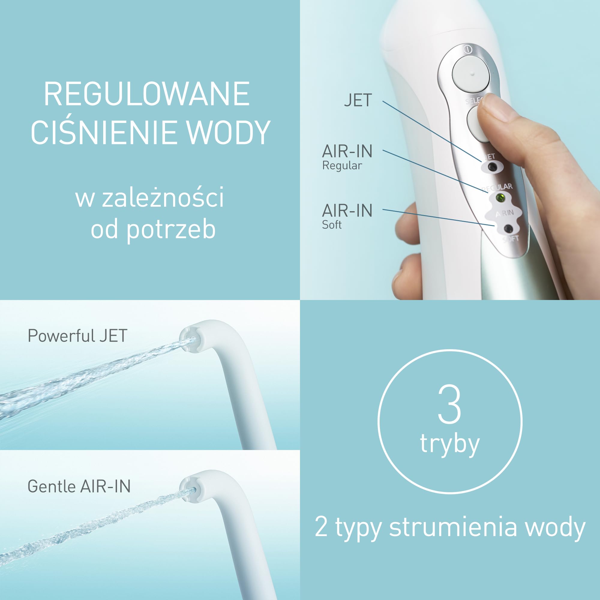 Panasonic EW1311G845 przenośny irygator z 3 strumieniami wody (4 dysze z kolorowymi pierścieniami, ładowarka bezkontaktowa, wodoodporny), biało-zielony
